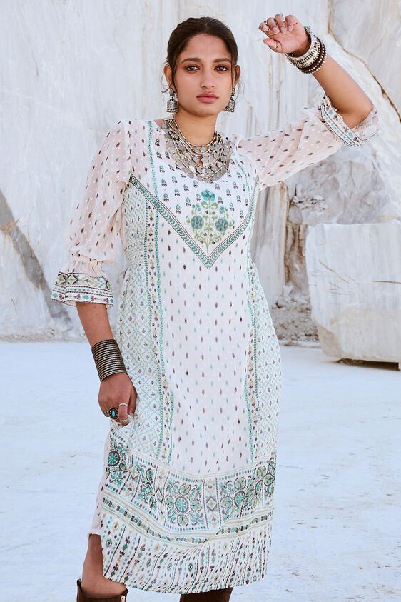 Off White Geometric Fit and Flare Kurta, Off White, image 1