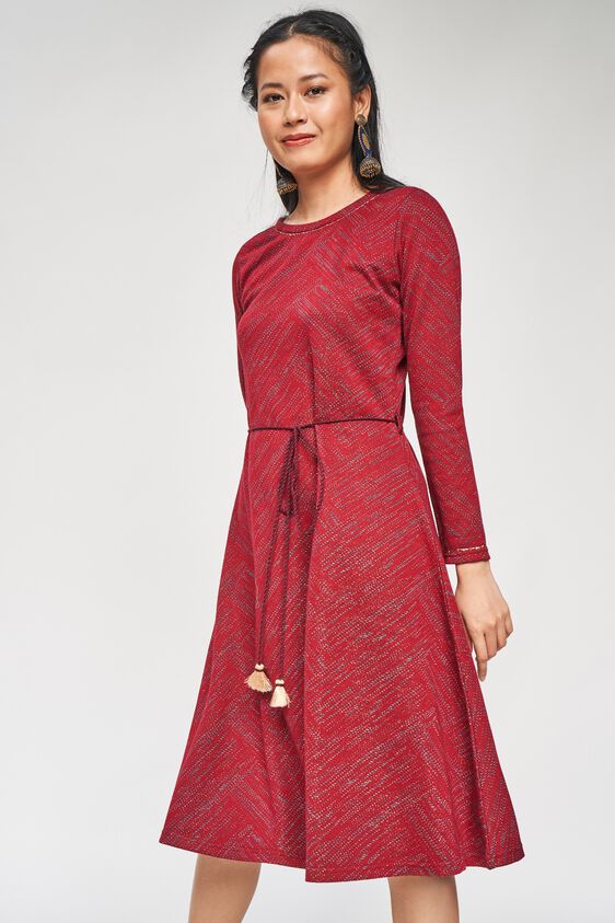 2 - Maroon Embroidered Round Neck Fit and Flare Dress, image 2