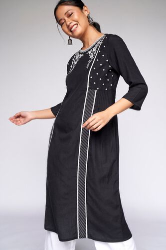 1 - Black Embroidered Fit and Flare Kurta, image 1