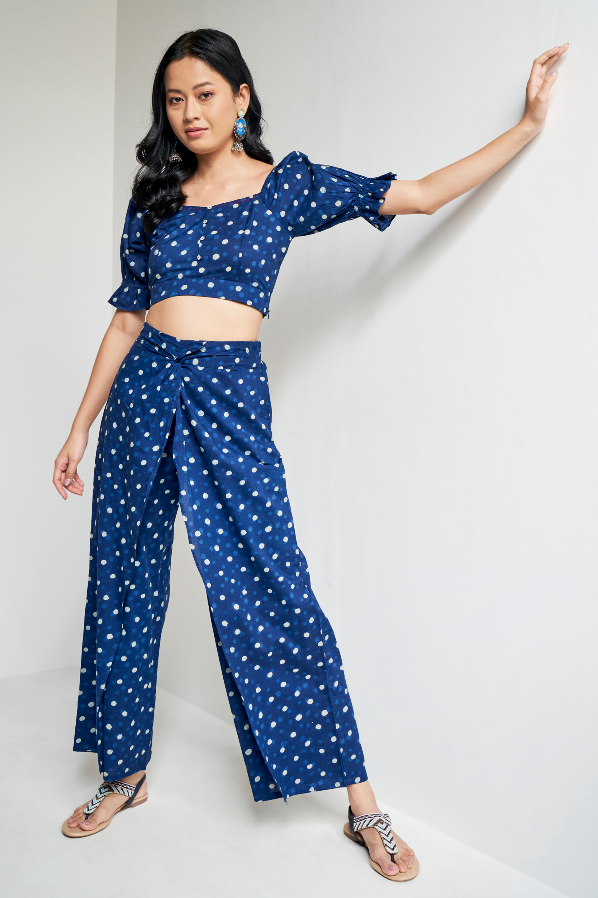 Indigo Geometric Ruffles Cropped Set, Indigo, image 2