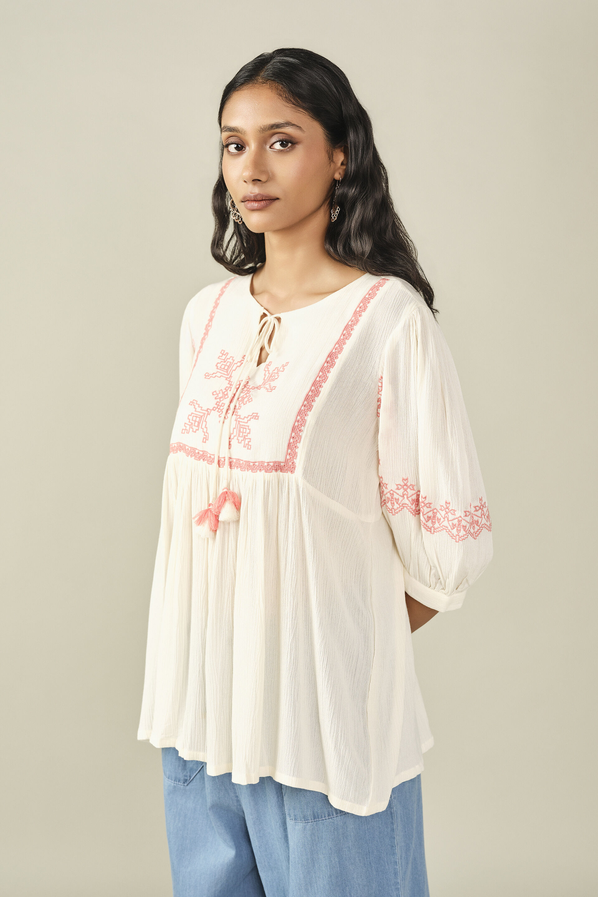 Embroidered Yoke Top in White, White, image 2