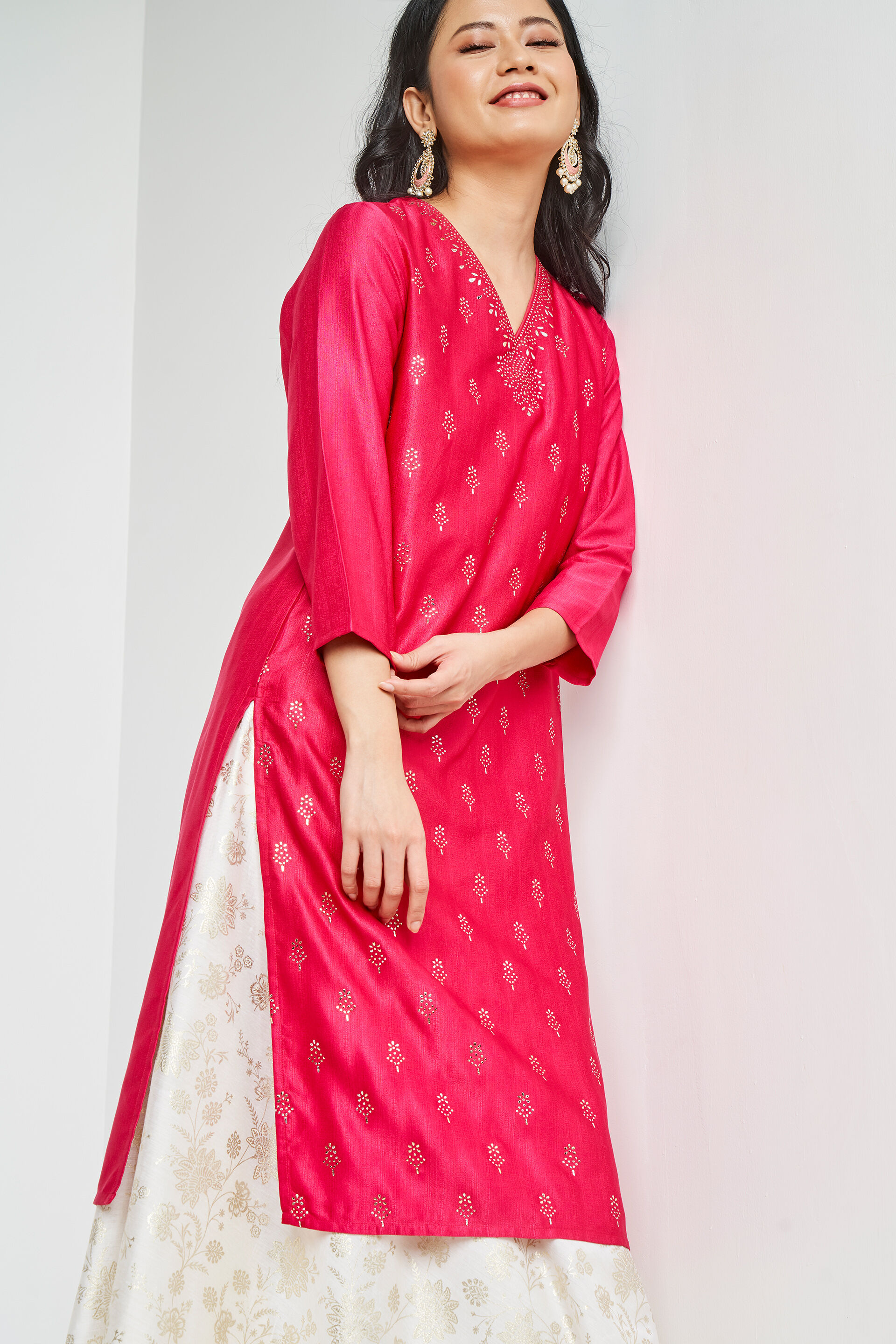 Buy Hot Pink Ethnic Motifs Straight Kurta Online at Best Price at Global Desi FW22GM121KUPST