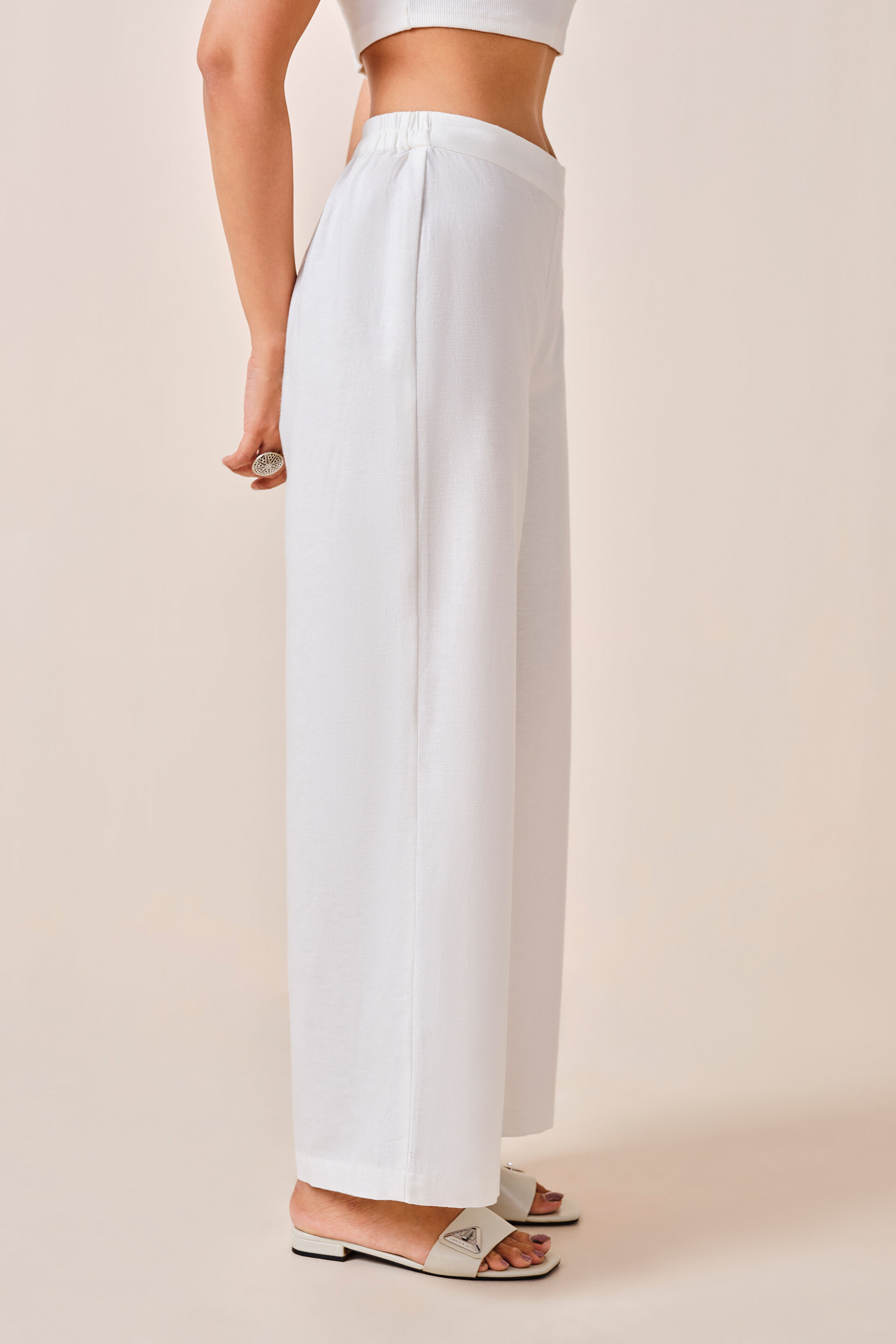 White Classic Rayon Flare Pants, White, image 3