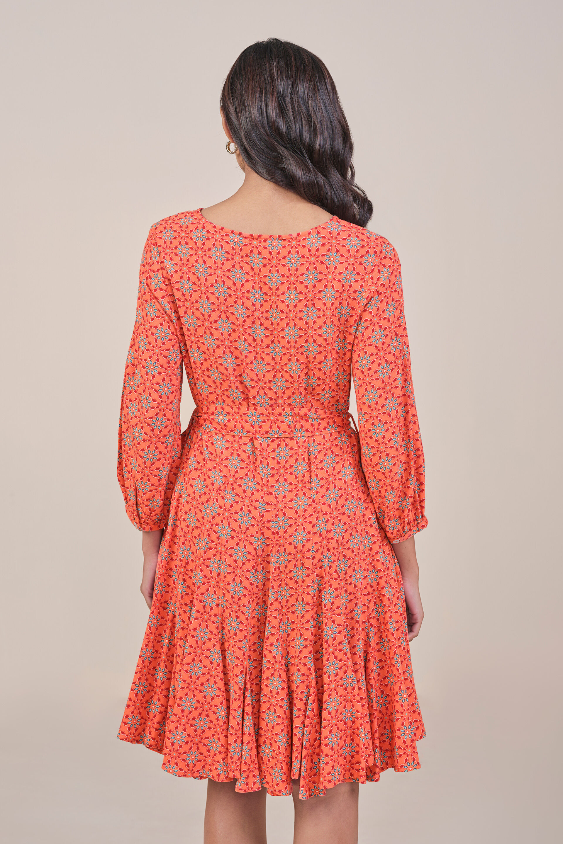 Orange Printed Godet Dress, Orange, image 6