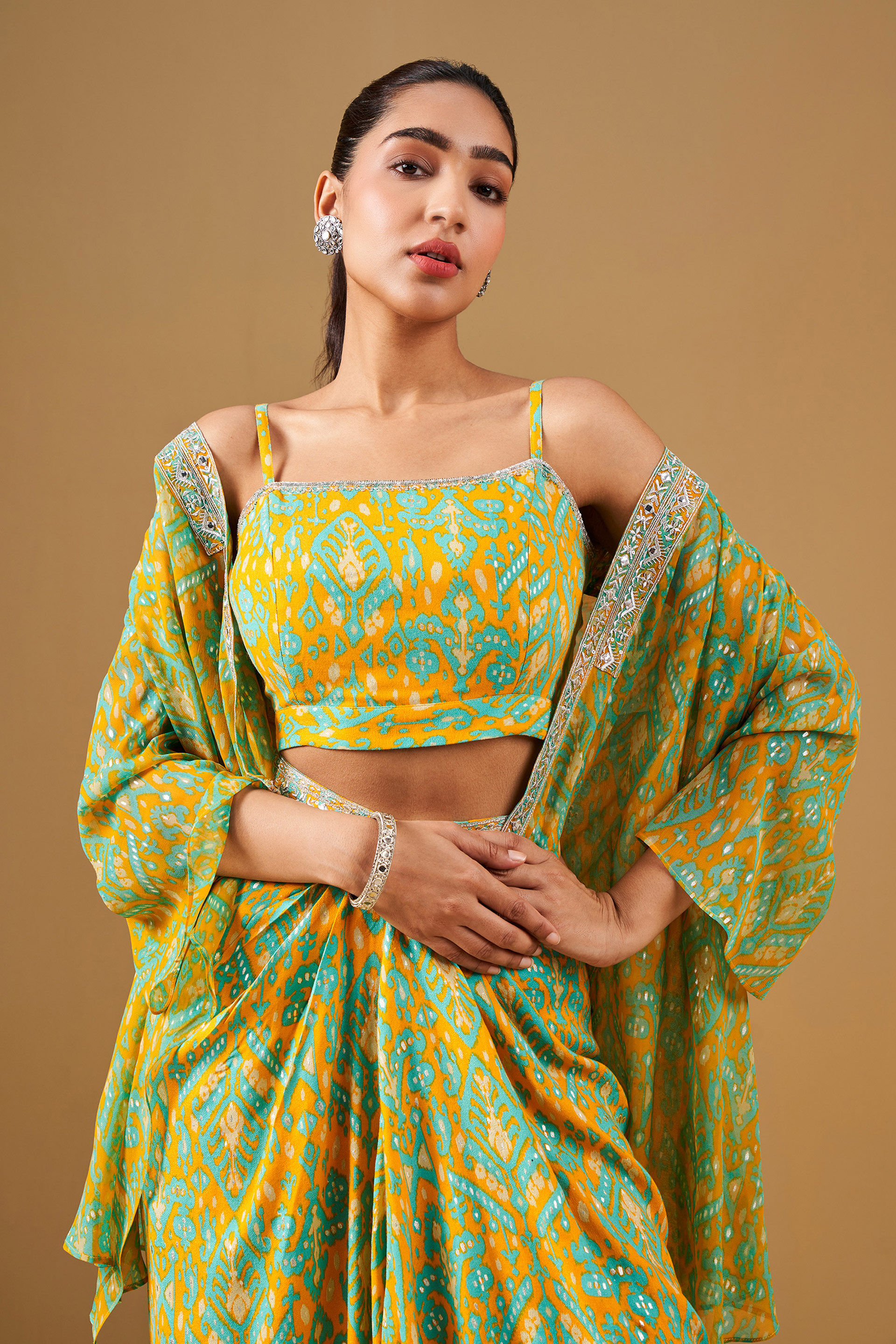 Ikat Inspired Asymmetrical Skirt Co-ord Set, Mustard, image 8