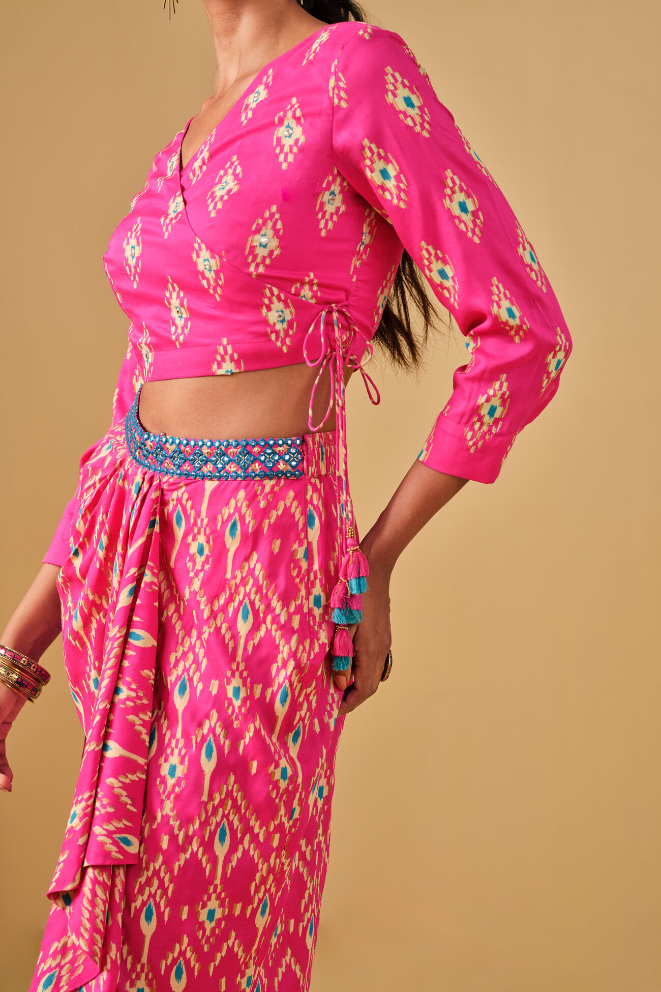 Ikat Inspired Pink Viscose Skirt Set, Pink, image 6
