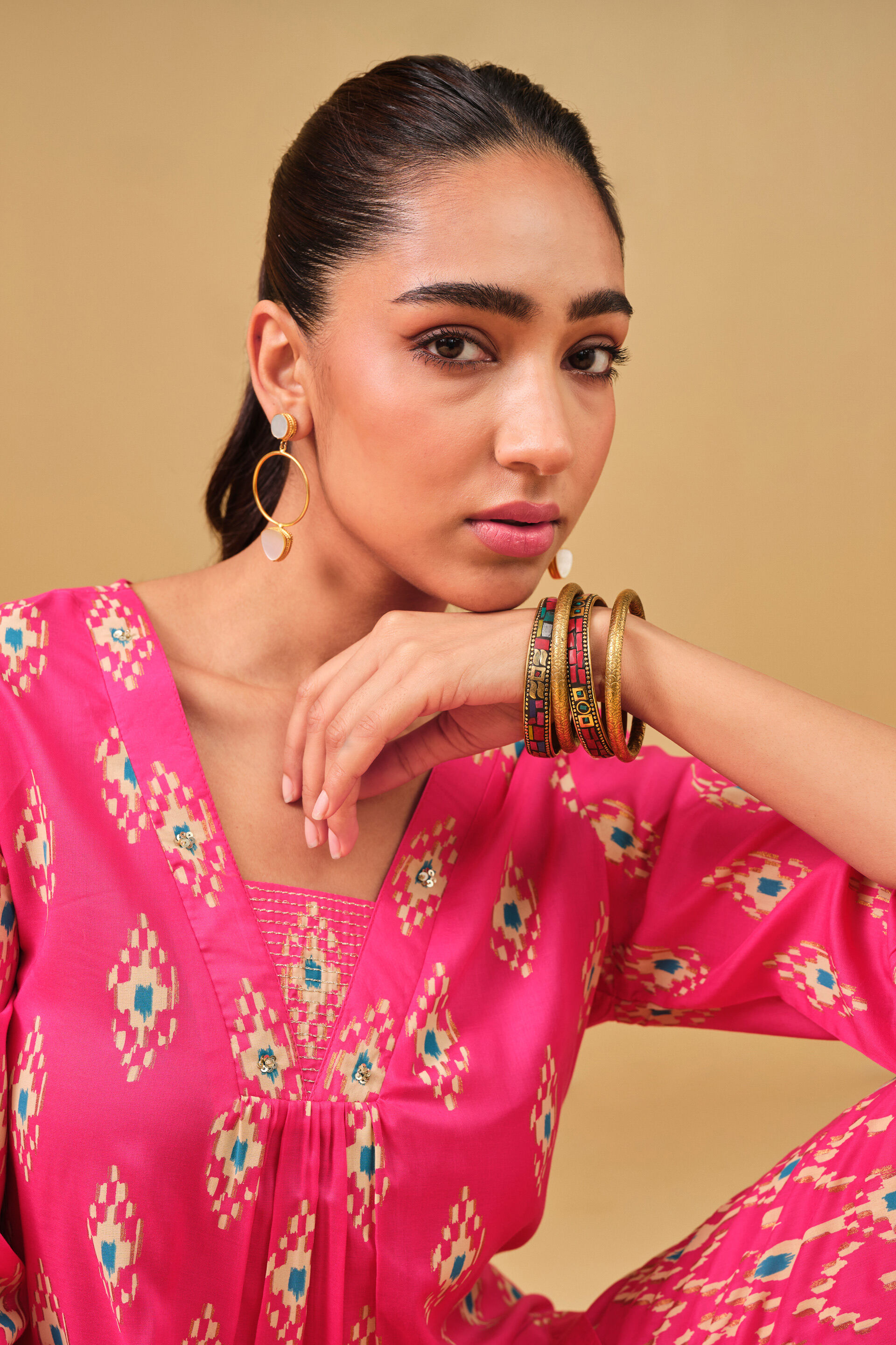 Ikat Inspired Pink Viscose Kurta Set, Pink, image 7