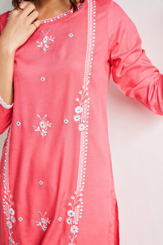 Coral Solid Embroidered Straight Kurta, Coral, image 4