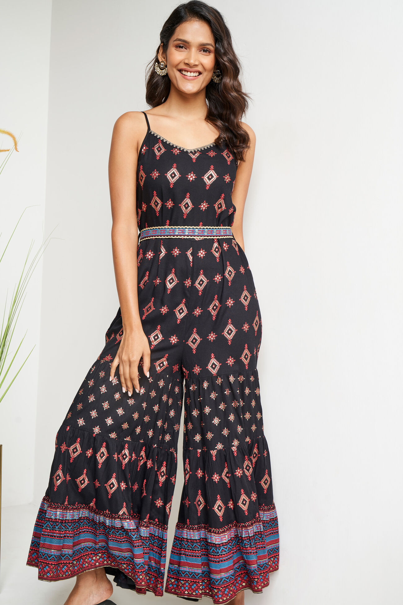 Black Foil Print Embellished Jumpsuit, Black, image 1