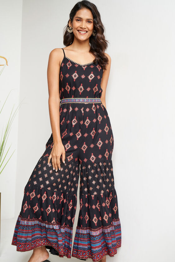 Black Foil Print Embellished Jumpsuit, Black, image 1
