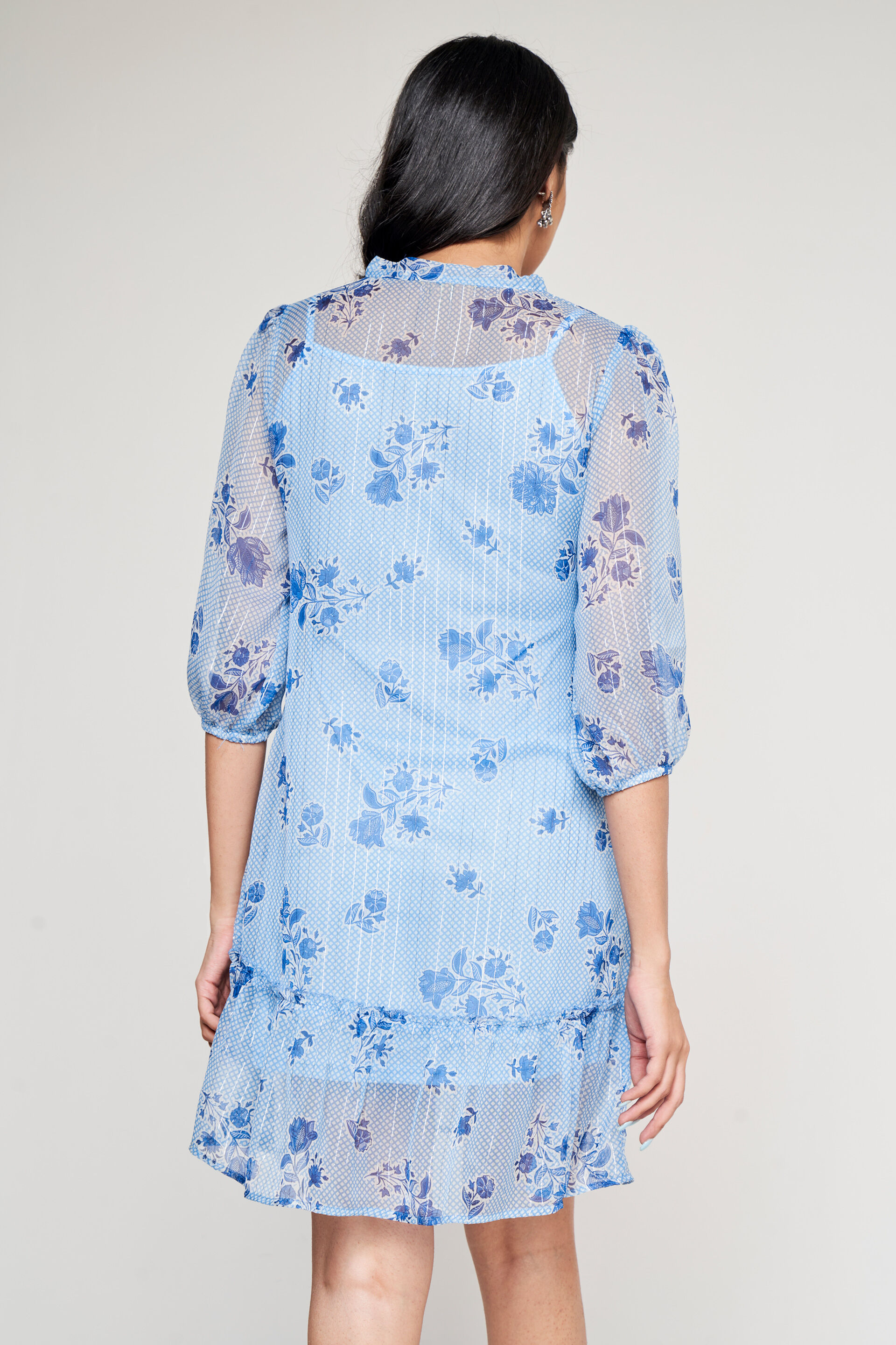Blue Floral Flared Dress, Blue, image 3