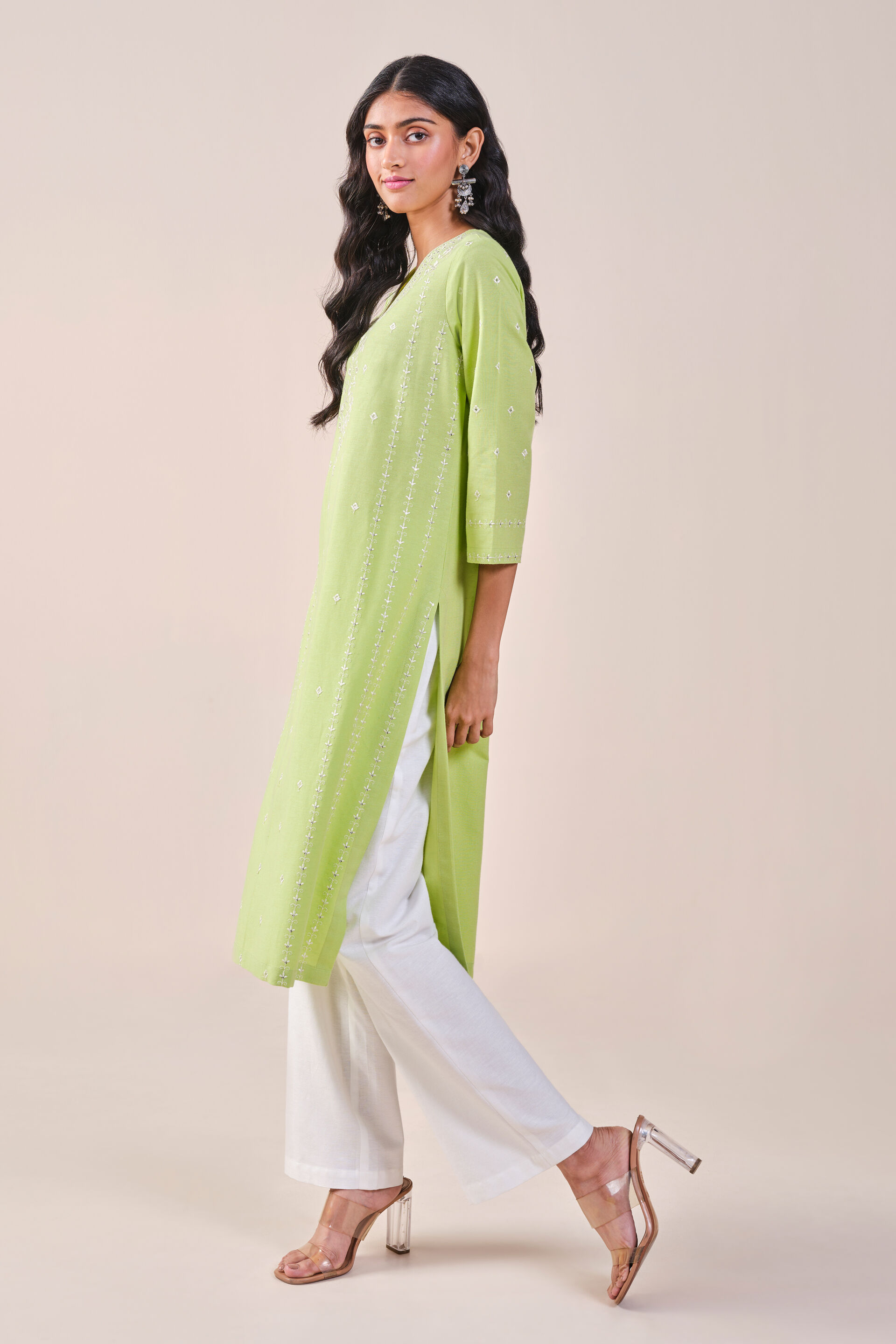 Lime Printed Rayon Linen Blend  Kurta, Lime, image 3