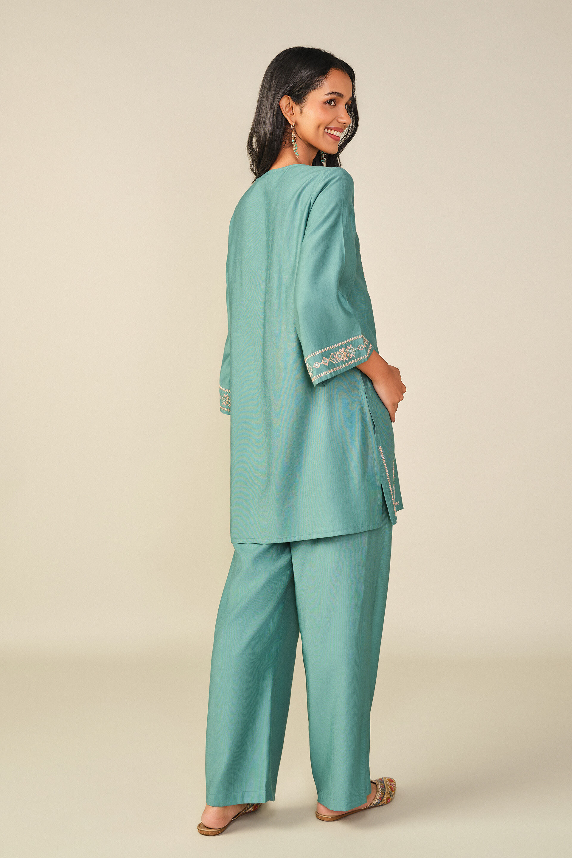 Embroidered Kurta Set in Teal, Teal, image 6