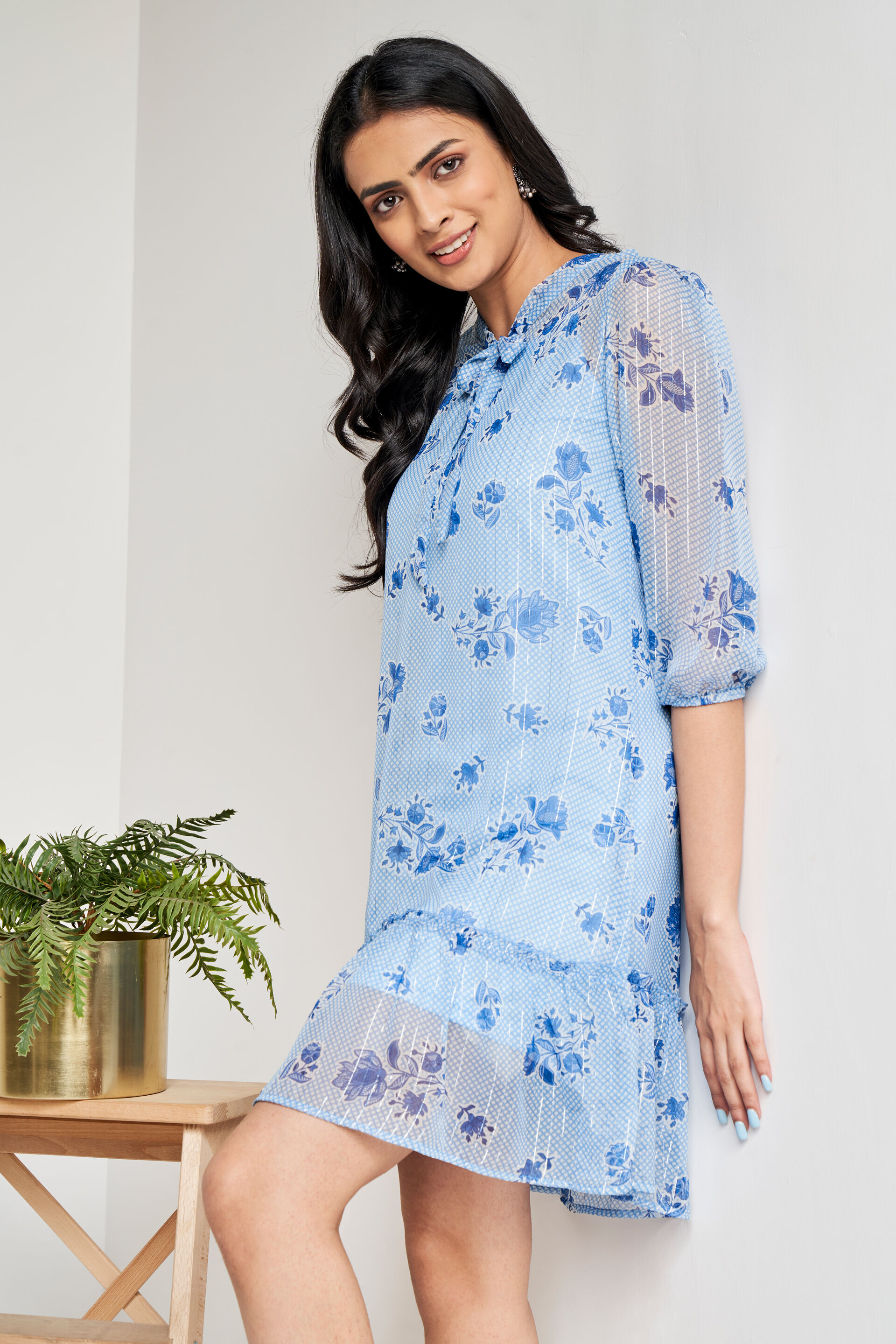 Blue Floral Flared Dress, Blue, image 5