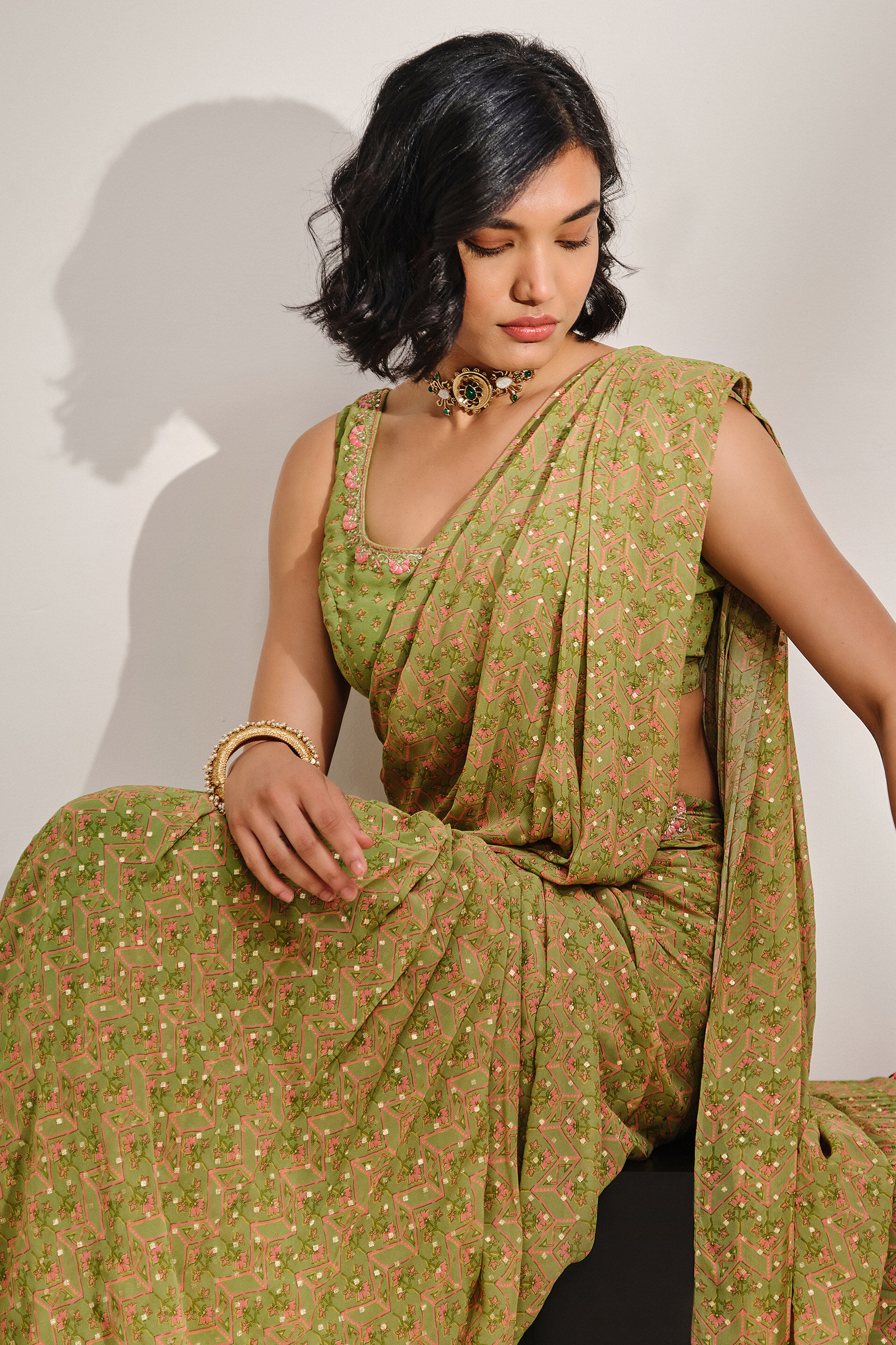 Leher Predraped Saree, Green, image 3