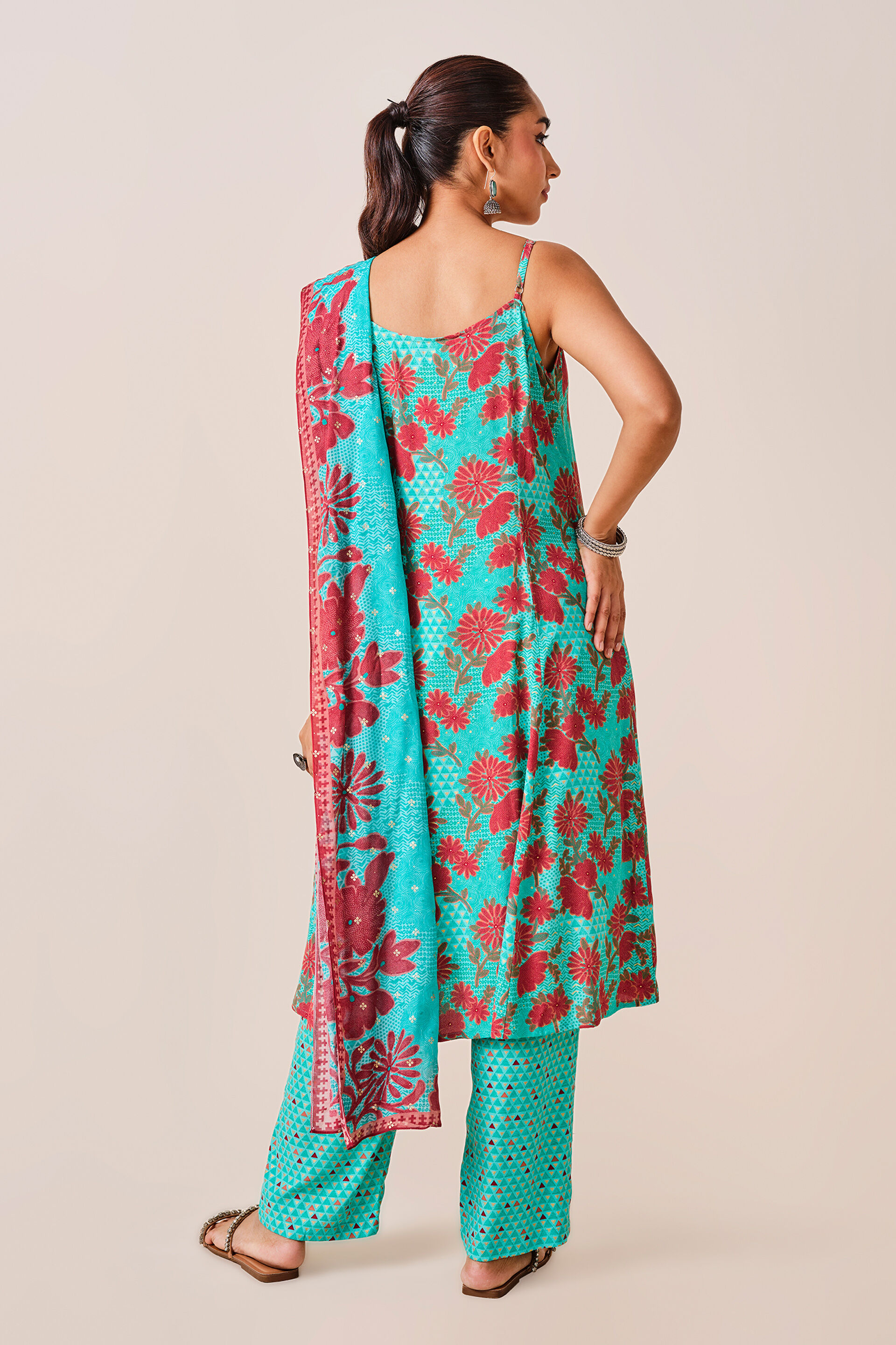 Aqua Floral Print Viscose Set , Aqua, image 3
