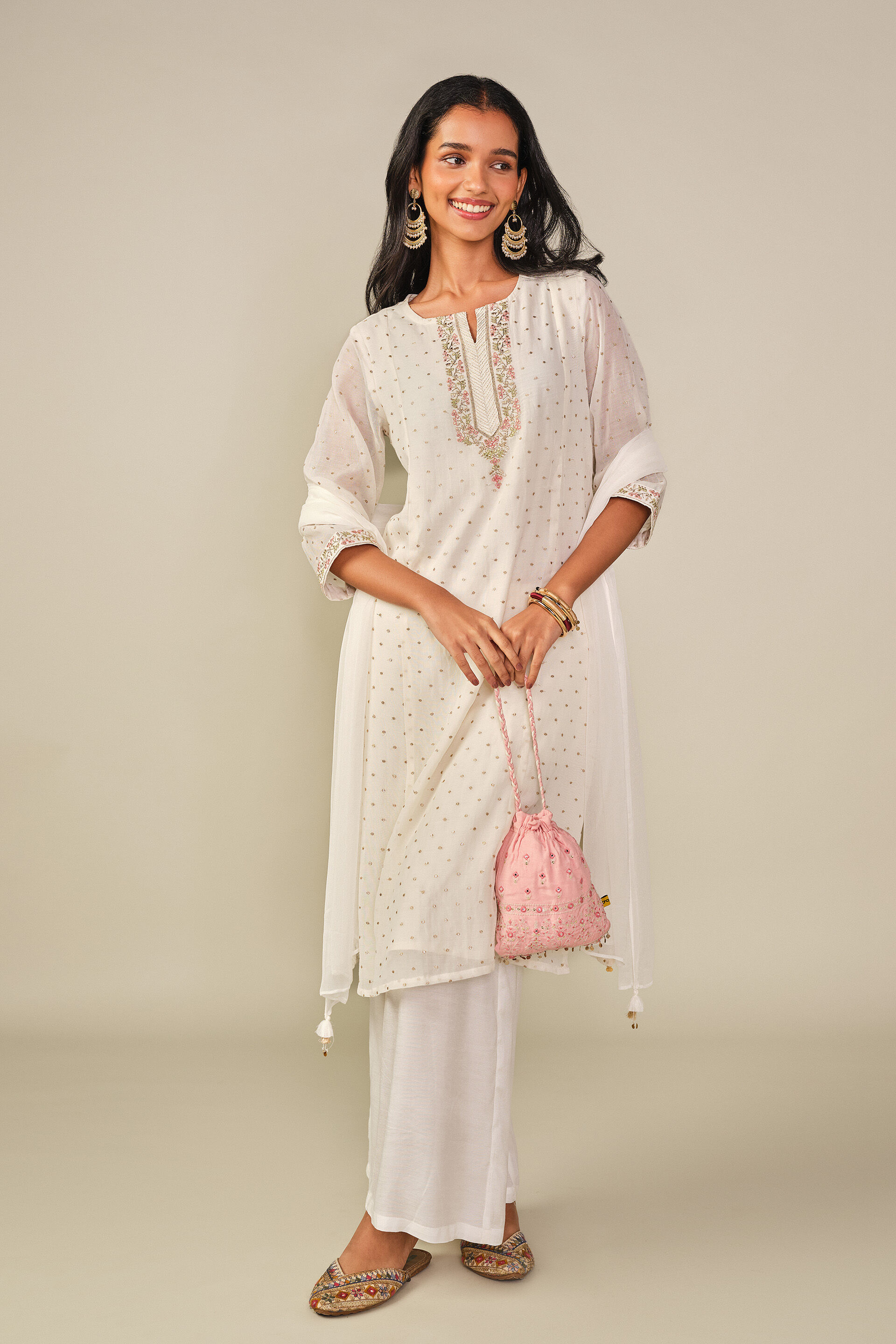 Embroidered Kurta Set in White, White, image 4