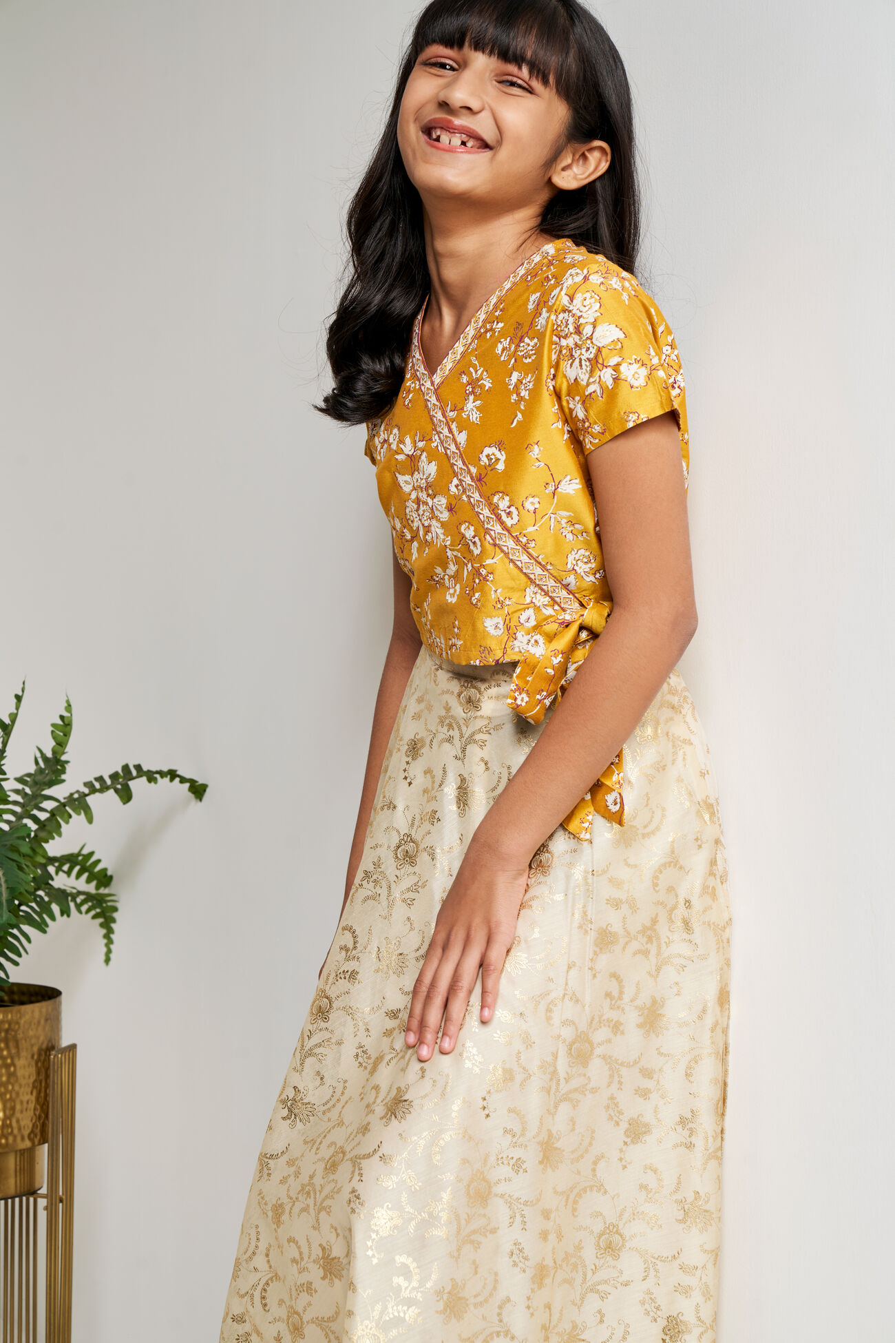 Mustard Ethnic Motifs Tie-Ups Straight Top, Mustard, image 2