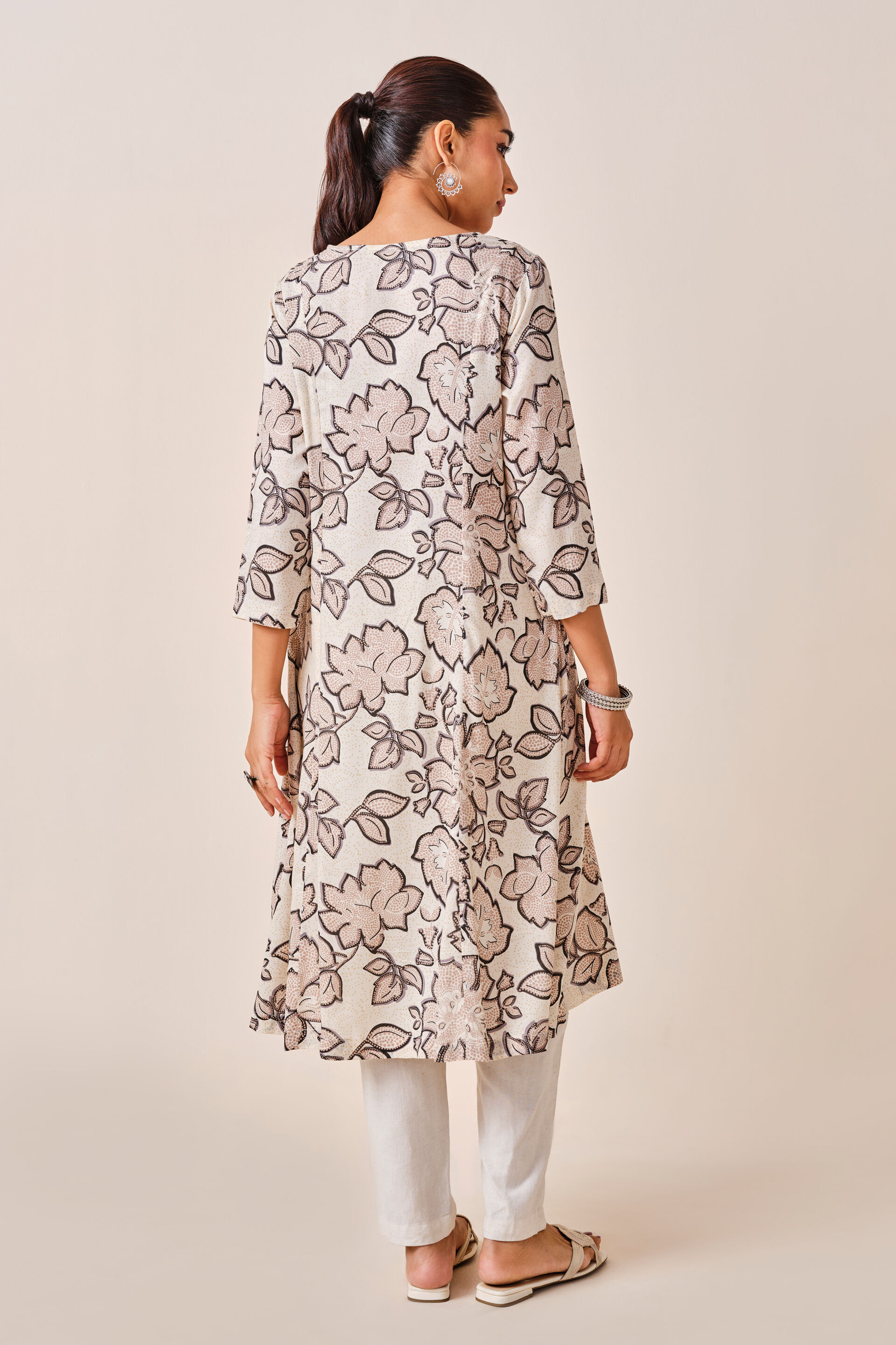 Off White Floral Print Viscose Kurta, Off White, image 4