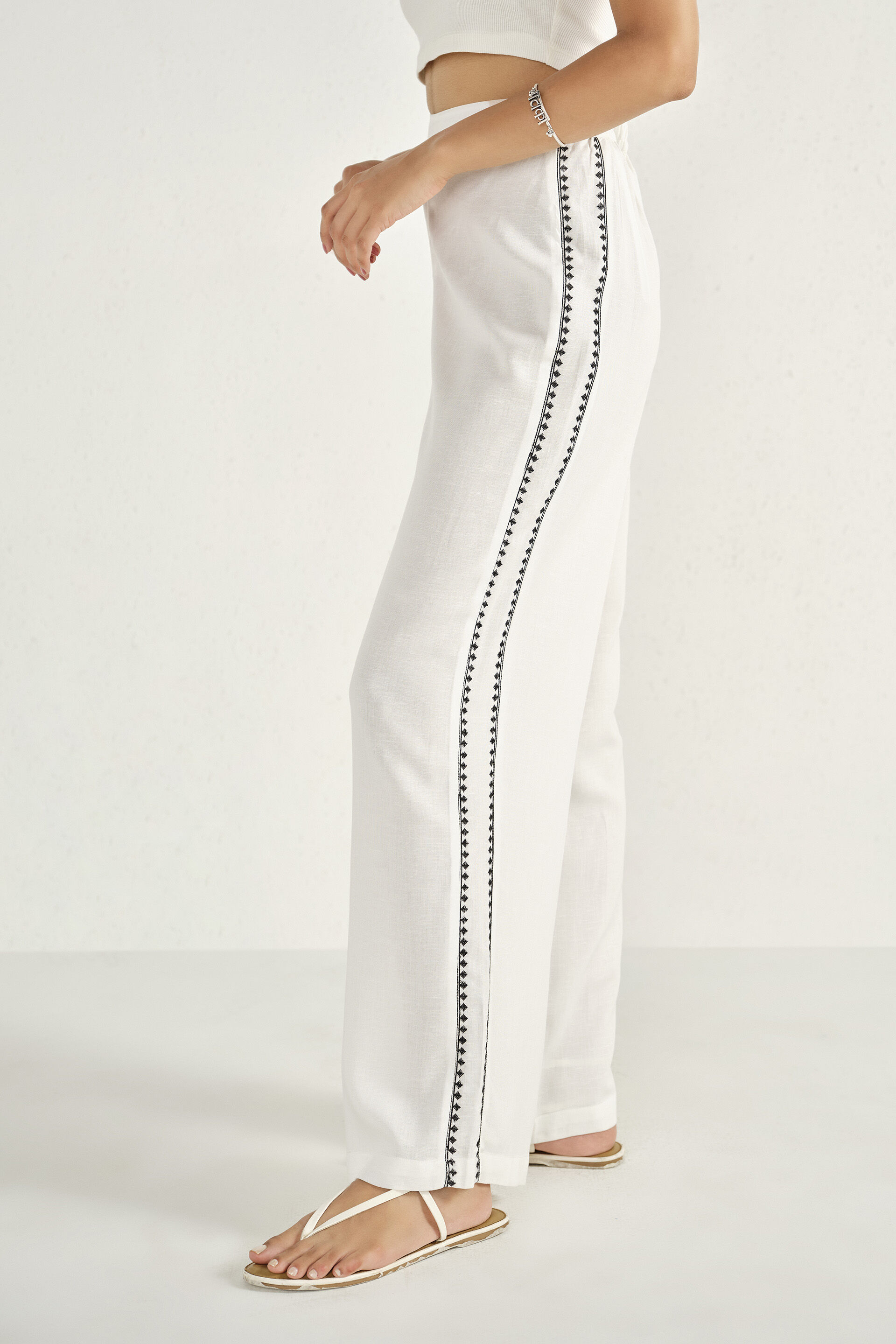 White Embroidered Pants, White, image 2