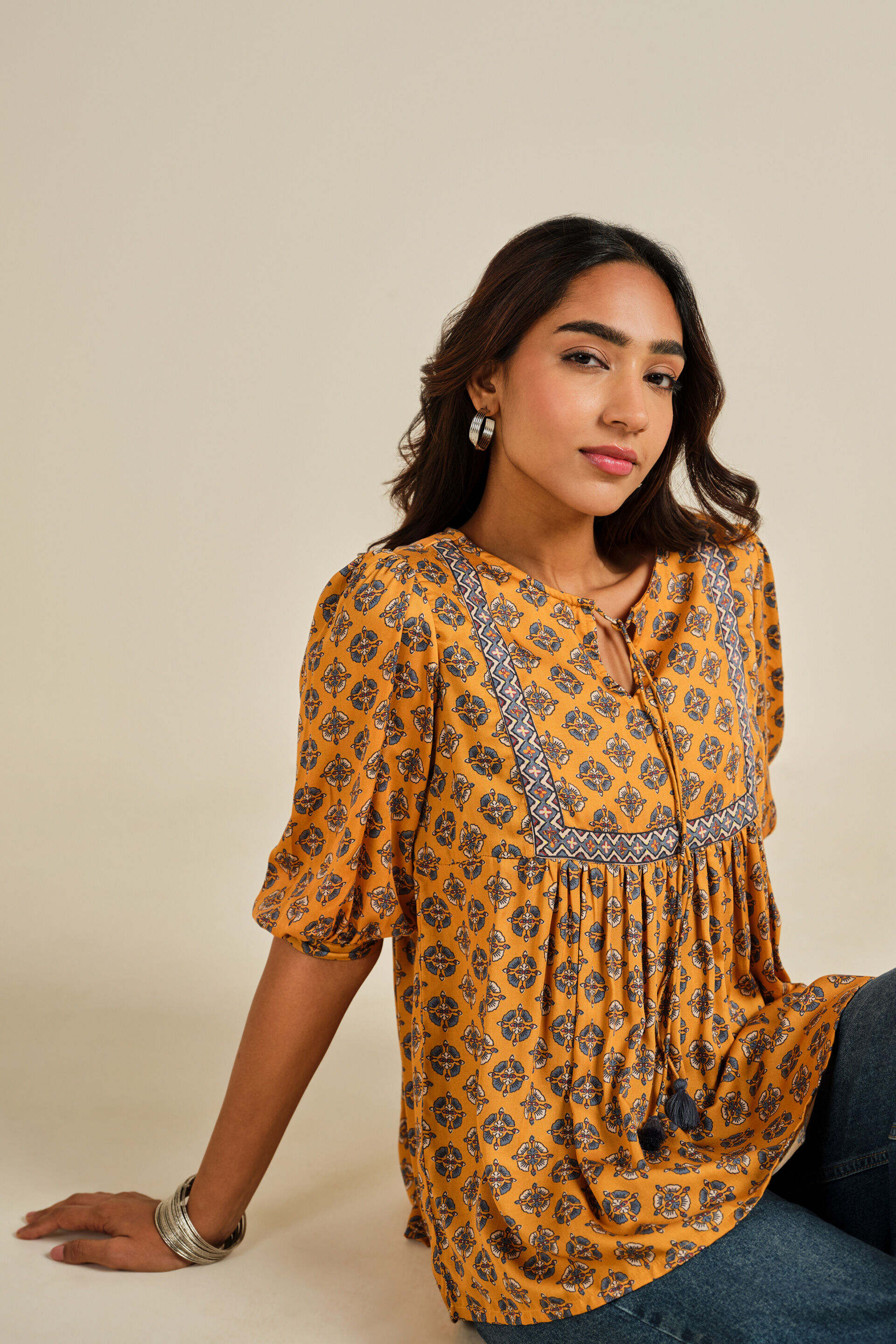Rangrez Printed Top, Mustard, image 4