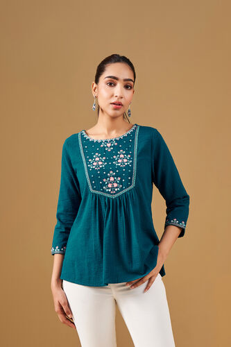 Floral Embroidered Teal Top, Teal, image 1