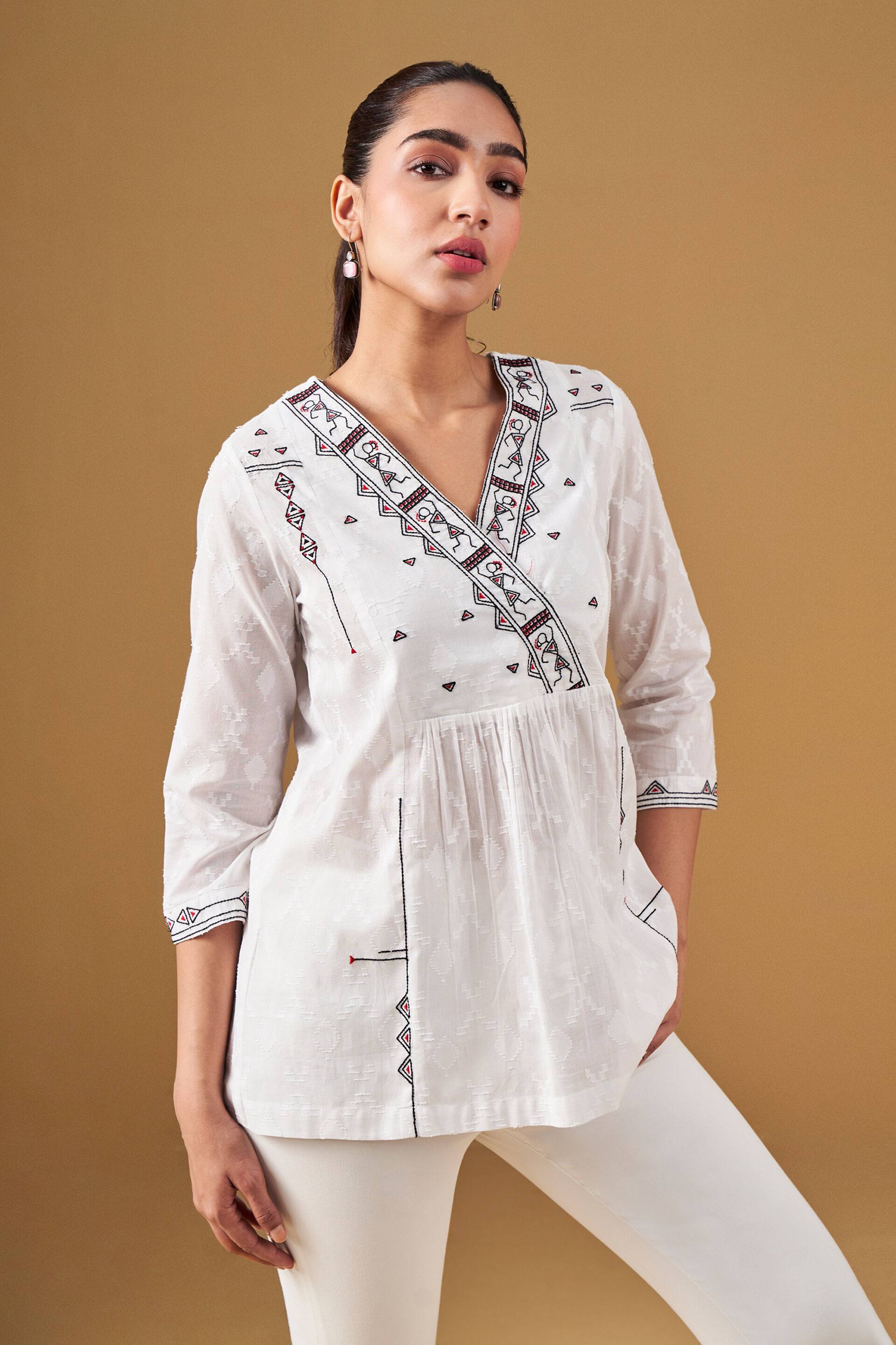 Warli Print Inspired V-neck Top, White, image 2