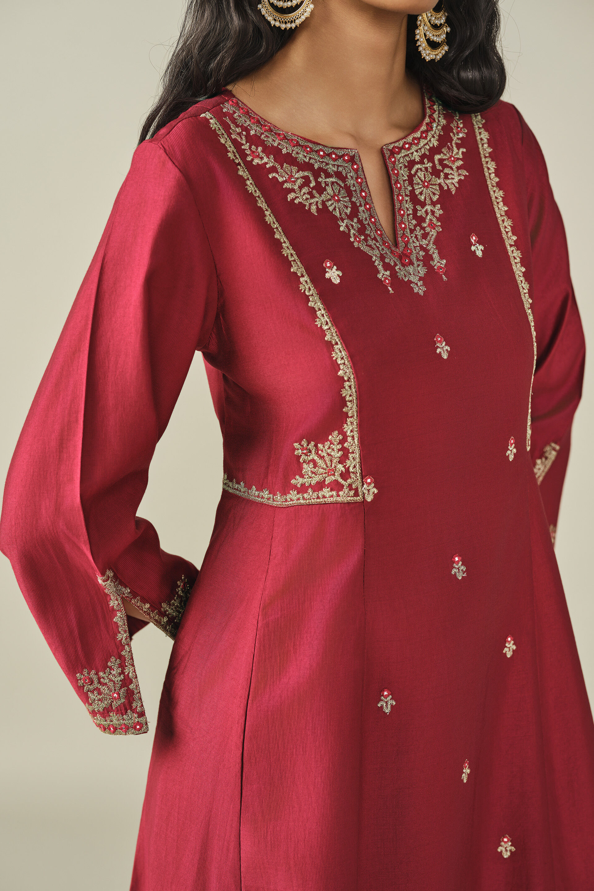 Embroidered A-line Kurta in Red, Red, image 2
