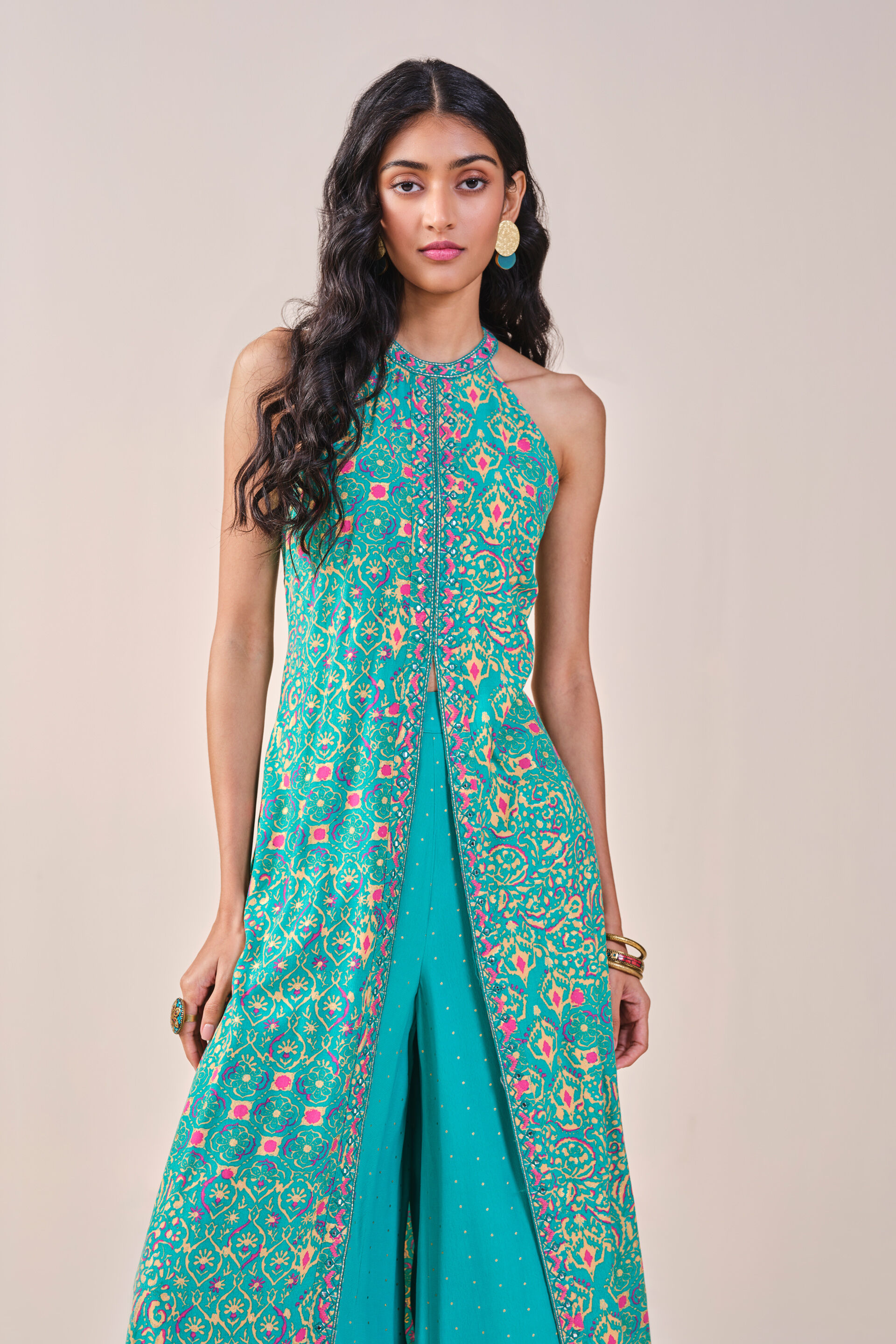 Teal Festive Embroidered Ikat inspired Viscose Kurta set, Teal, image 11