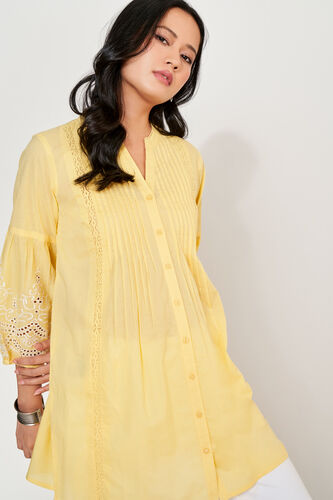 Yellow Solid Embroidered Shirt Style Tunic, Yellow, image 4