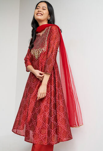 Red Ethnic Motifs Curved Suit, Red, image 2