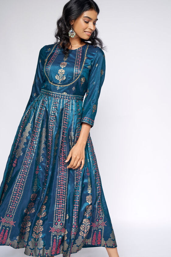 1 - Dark Green Ethnic Motifs Fit and Flare Gown, image 1