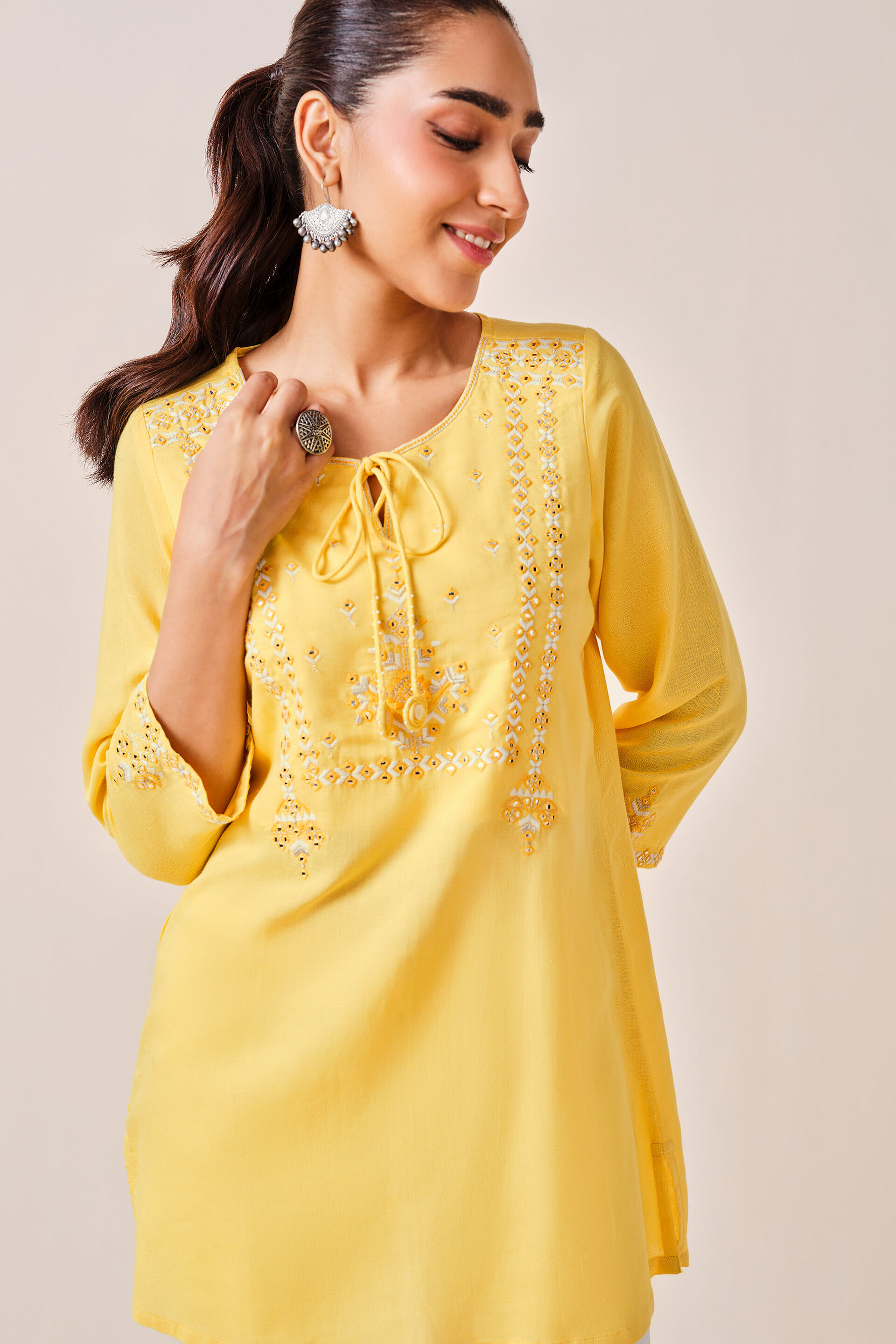 Mustard Embroidered Viscose Top, Mustard, image 4