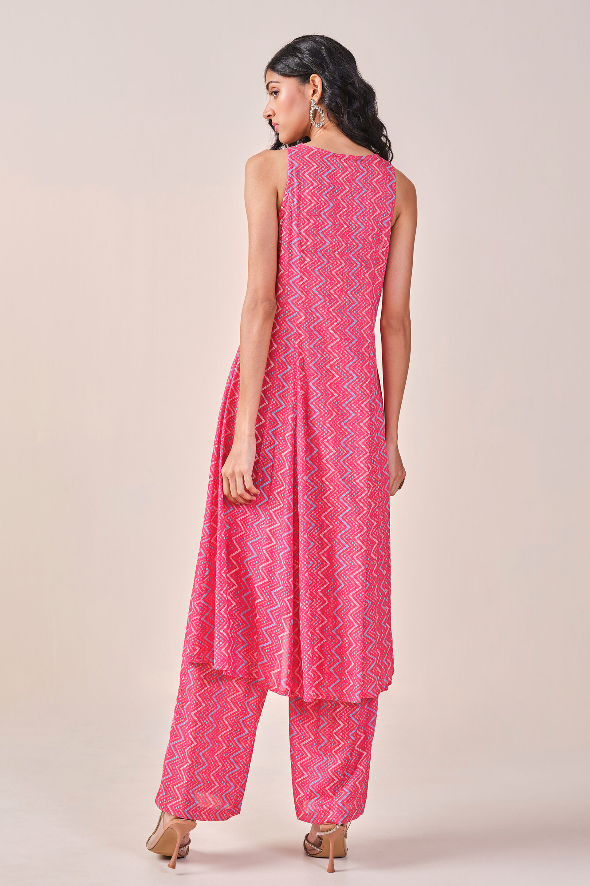 Pink Chevron Print Viscose Kurta Set, Pink, image 9