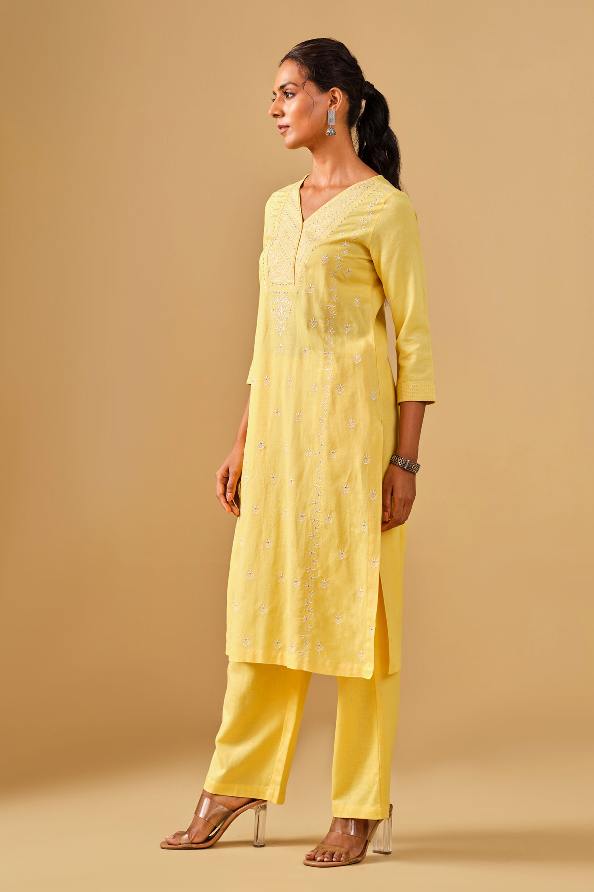 Bright Yellow Embroidered Kurta Set, Yellow, image 3