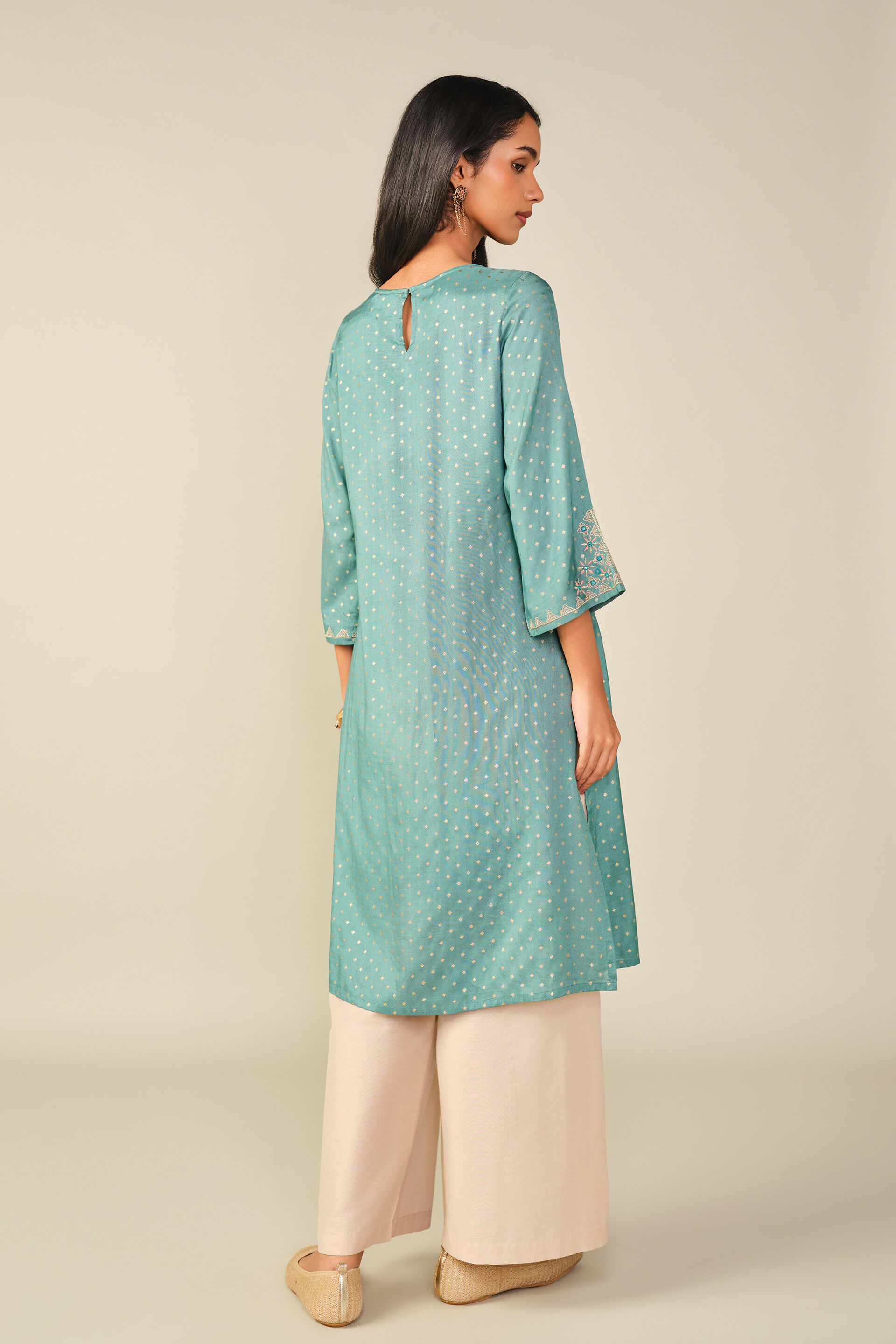 A-Line Embroidered Kurta in Teal, Teal, image 5