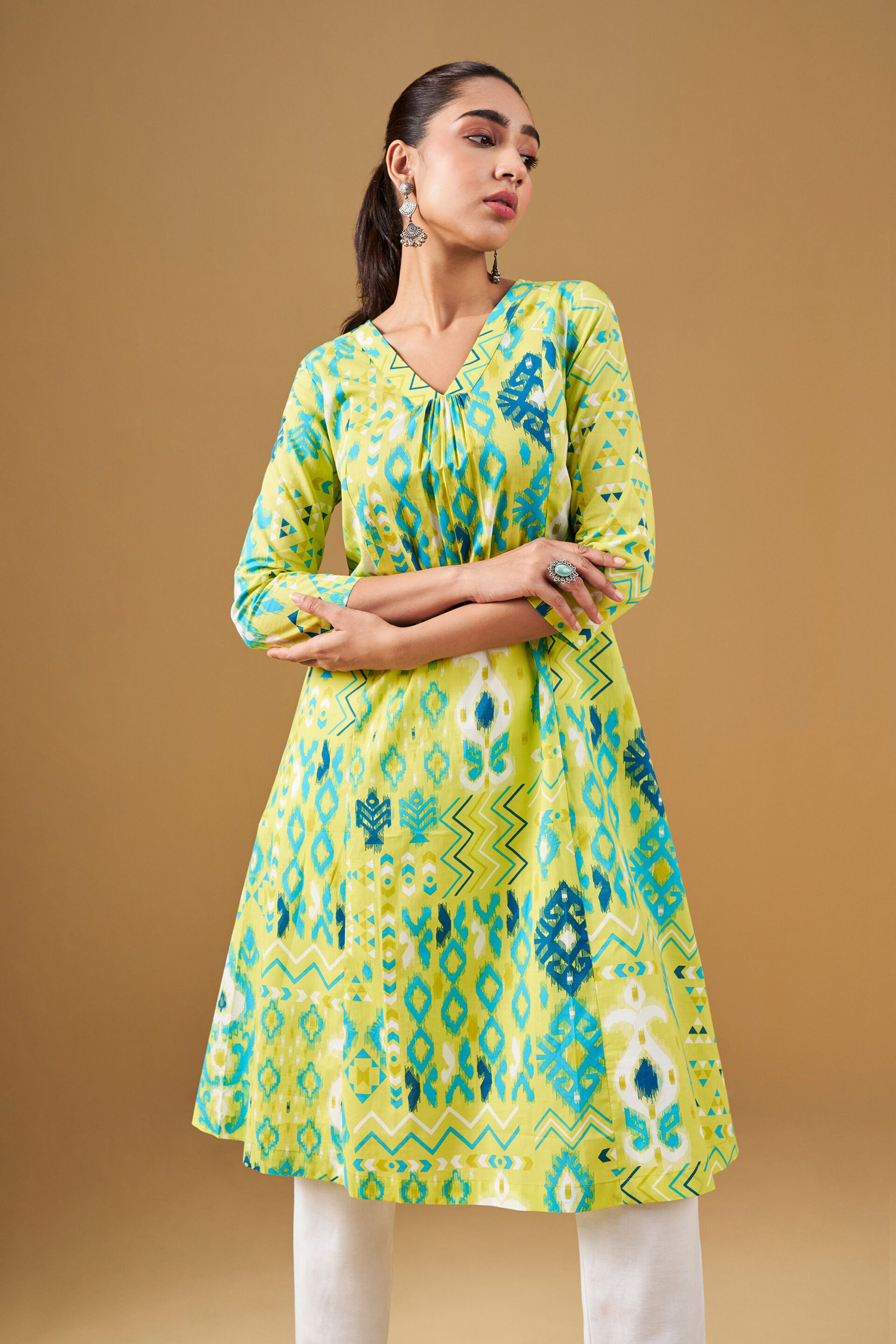 Ikat Print Lime Green Cotton Flared Kurta, Lime, image 3