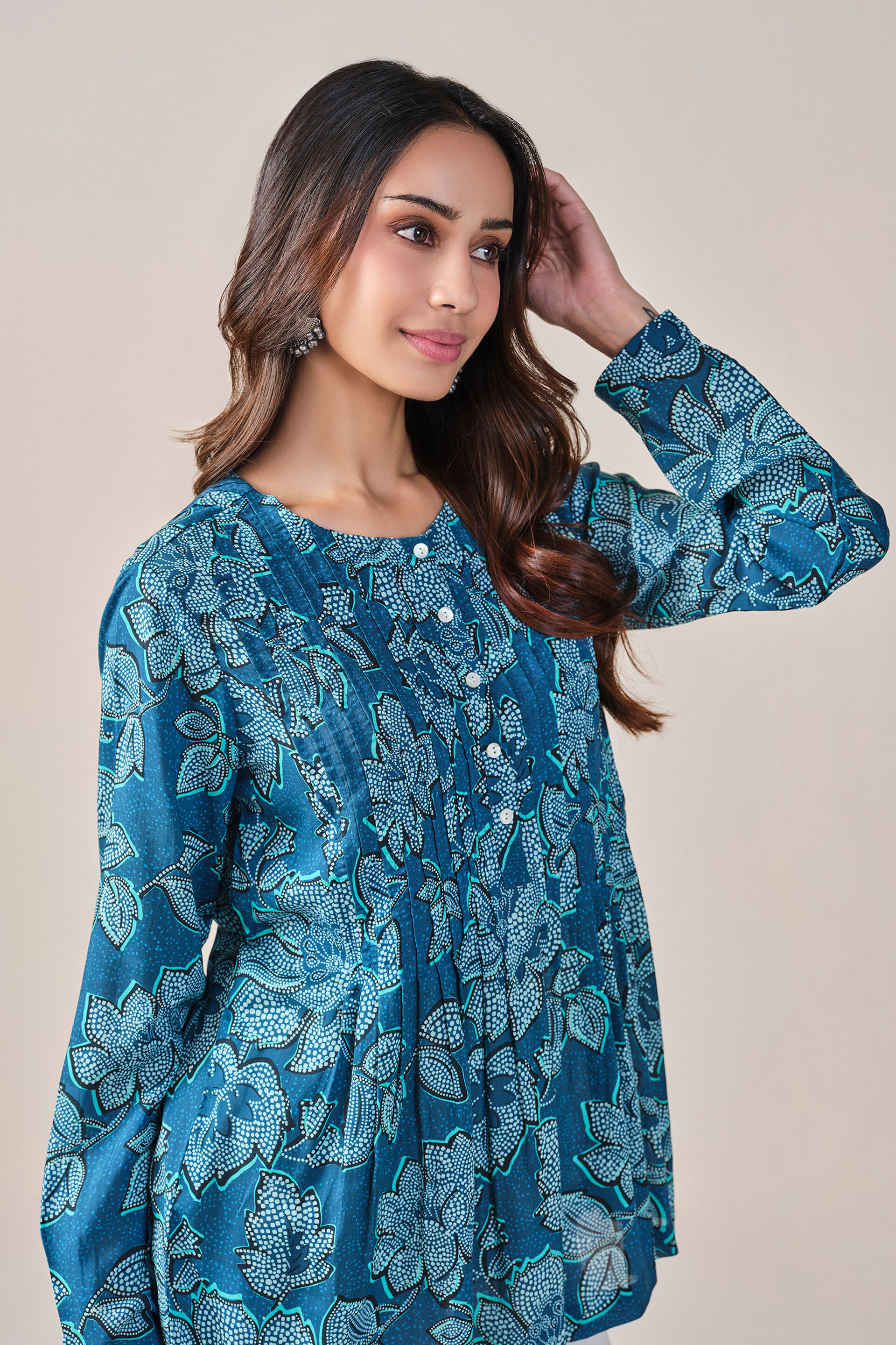 Blue Floral Print Viscose Top, Blue, image 6