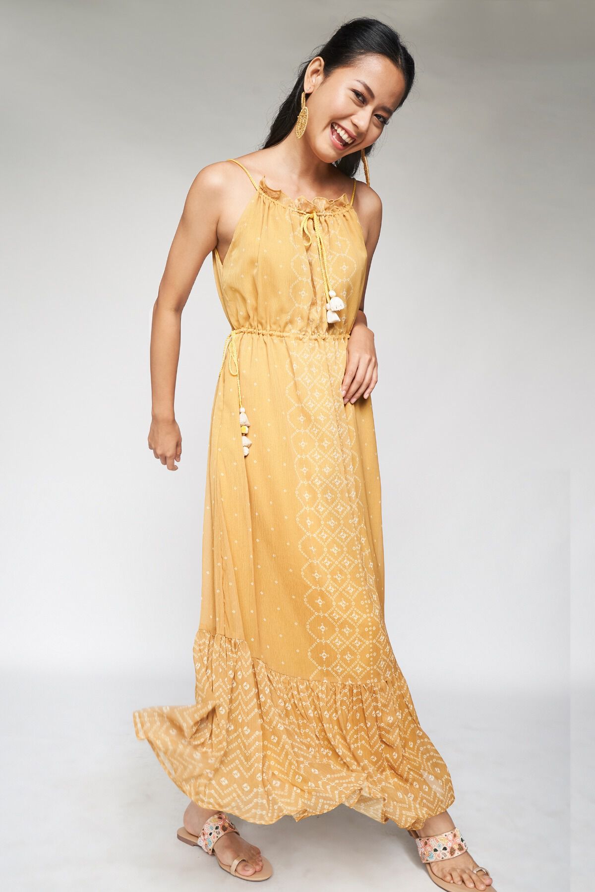 Embroidered Georgette Tiered Gown in Mustard : TNH148