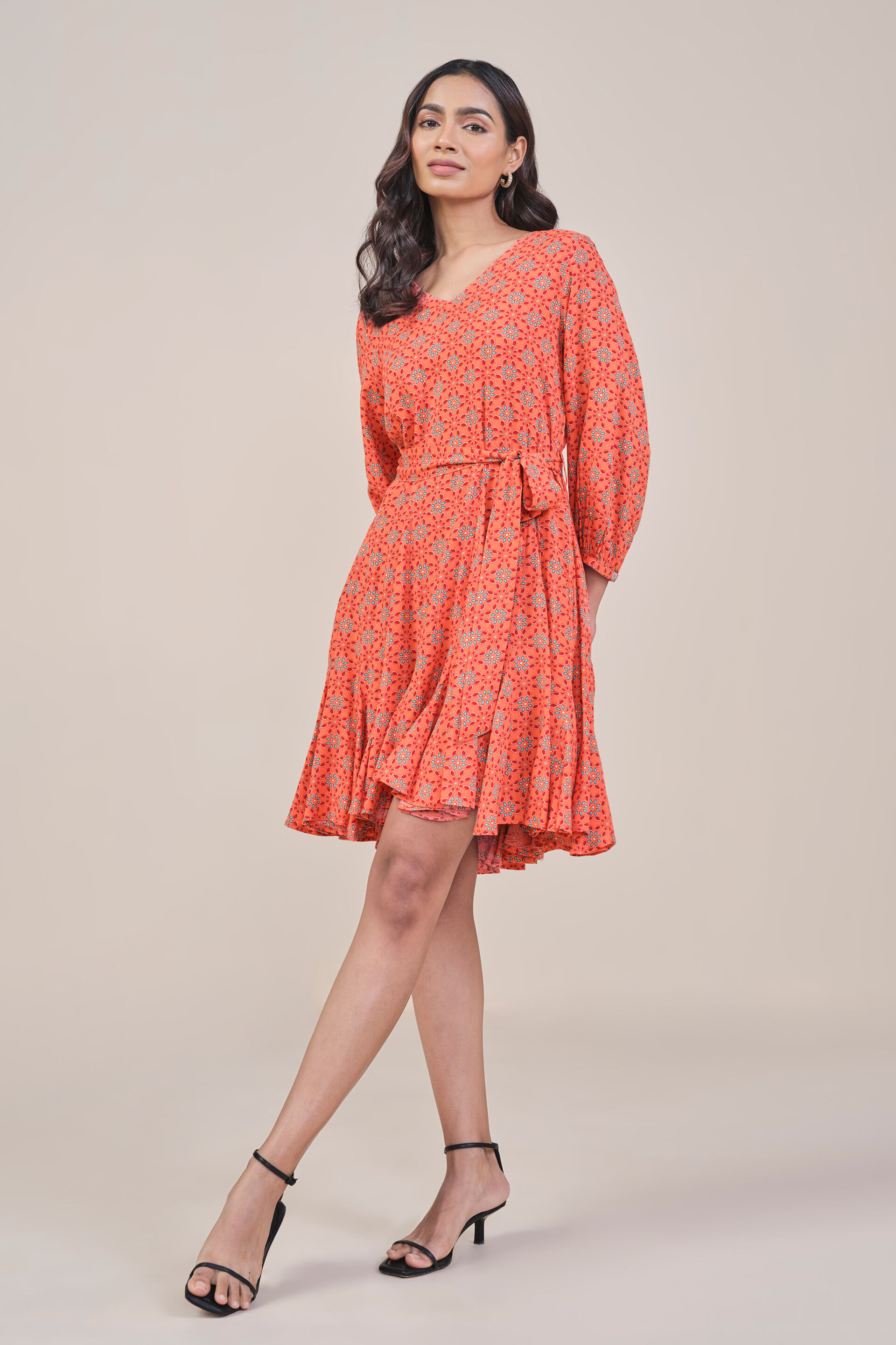 Orange Printed Godet Dress, Orange, image 5