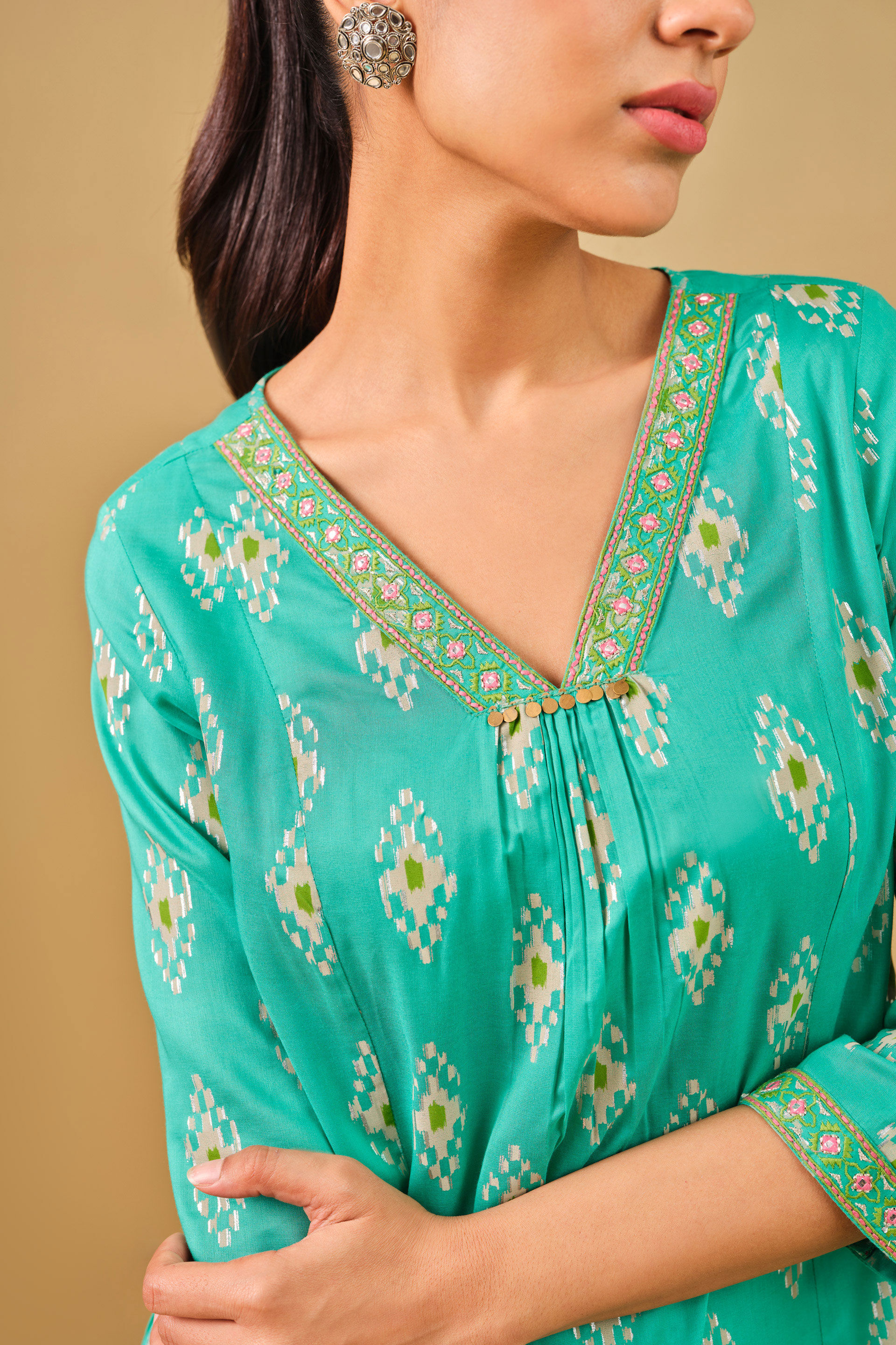 Ikat Inspired Aqua Kurta Set, Aqua, image 6