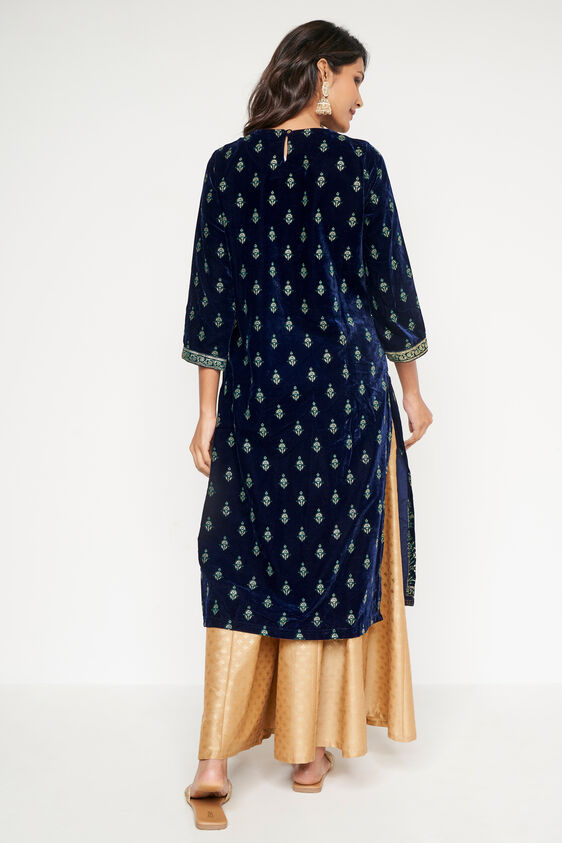 Navy Blue Foil Print Straight Slip-On Kurta, Navy Blue, image 5