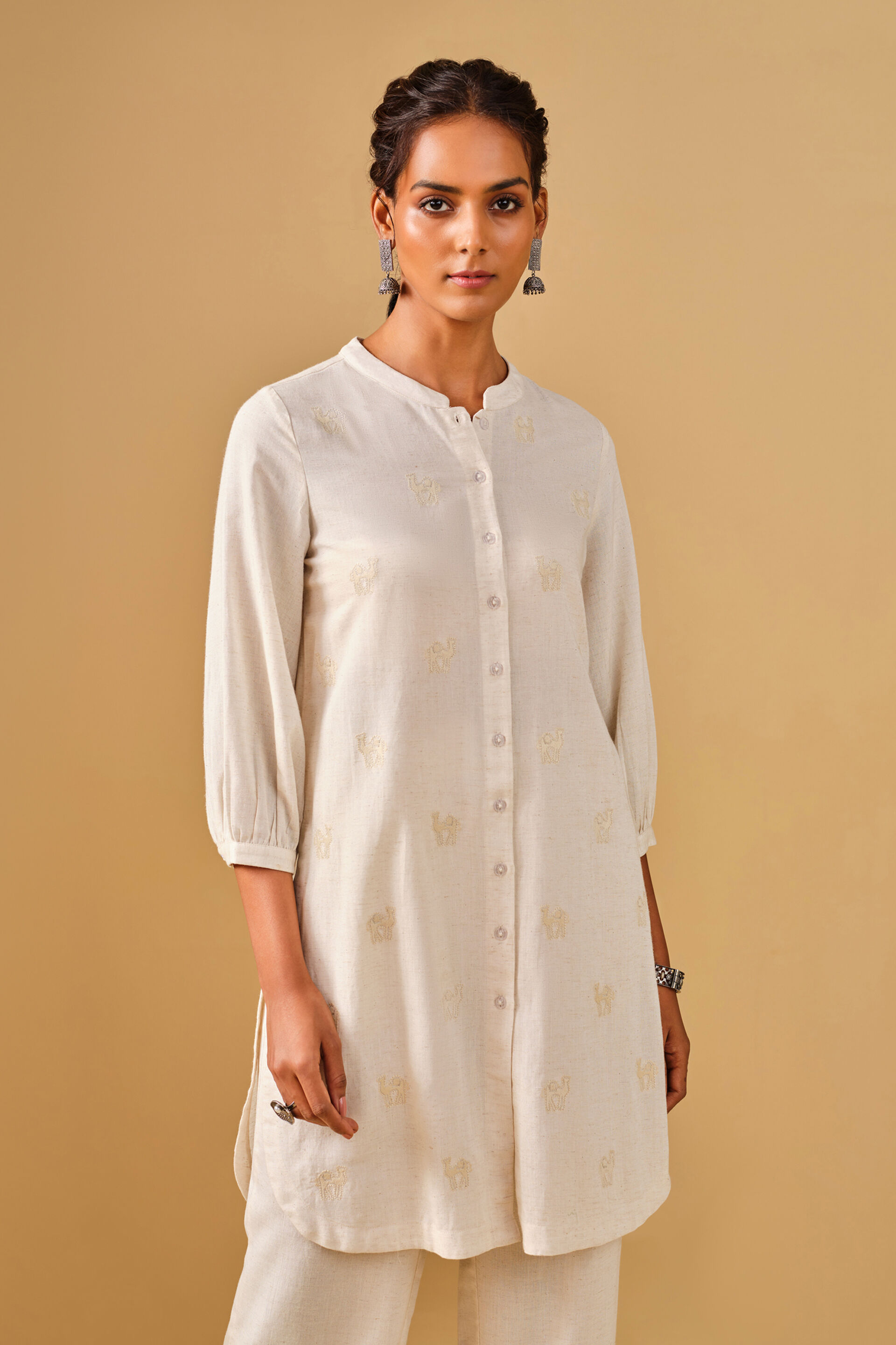 Embroidered Mandarin Collar Viscose Blend Natural Kurta Set, Natural, image 5