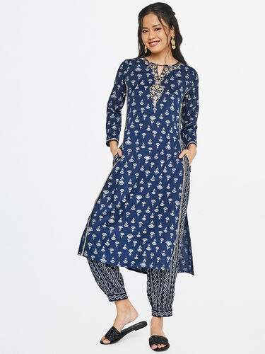Indigo Ethnic Motifs Festive Suit, Indigo, image 1