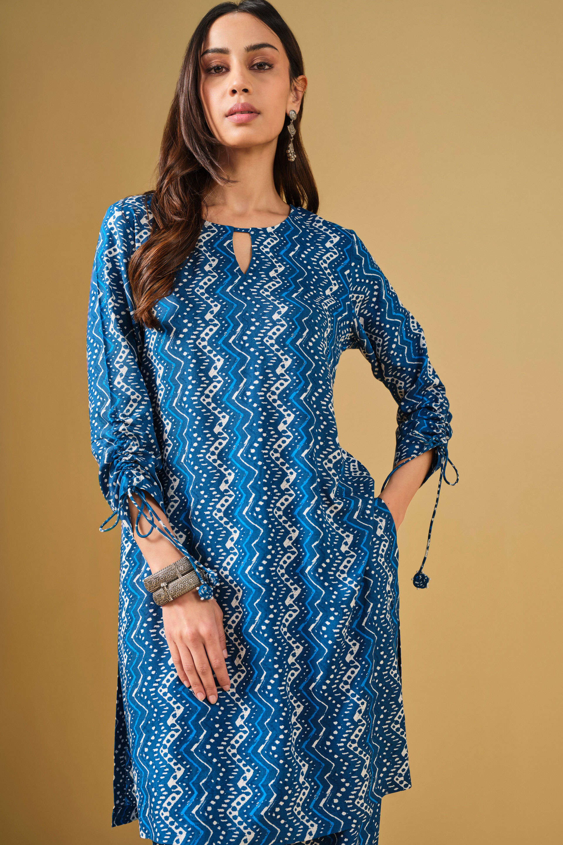 Geometric Print Blue Viscose Kurta Set, Blue, image 7