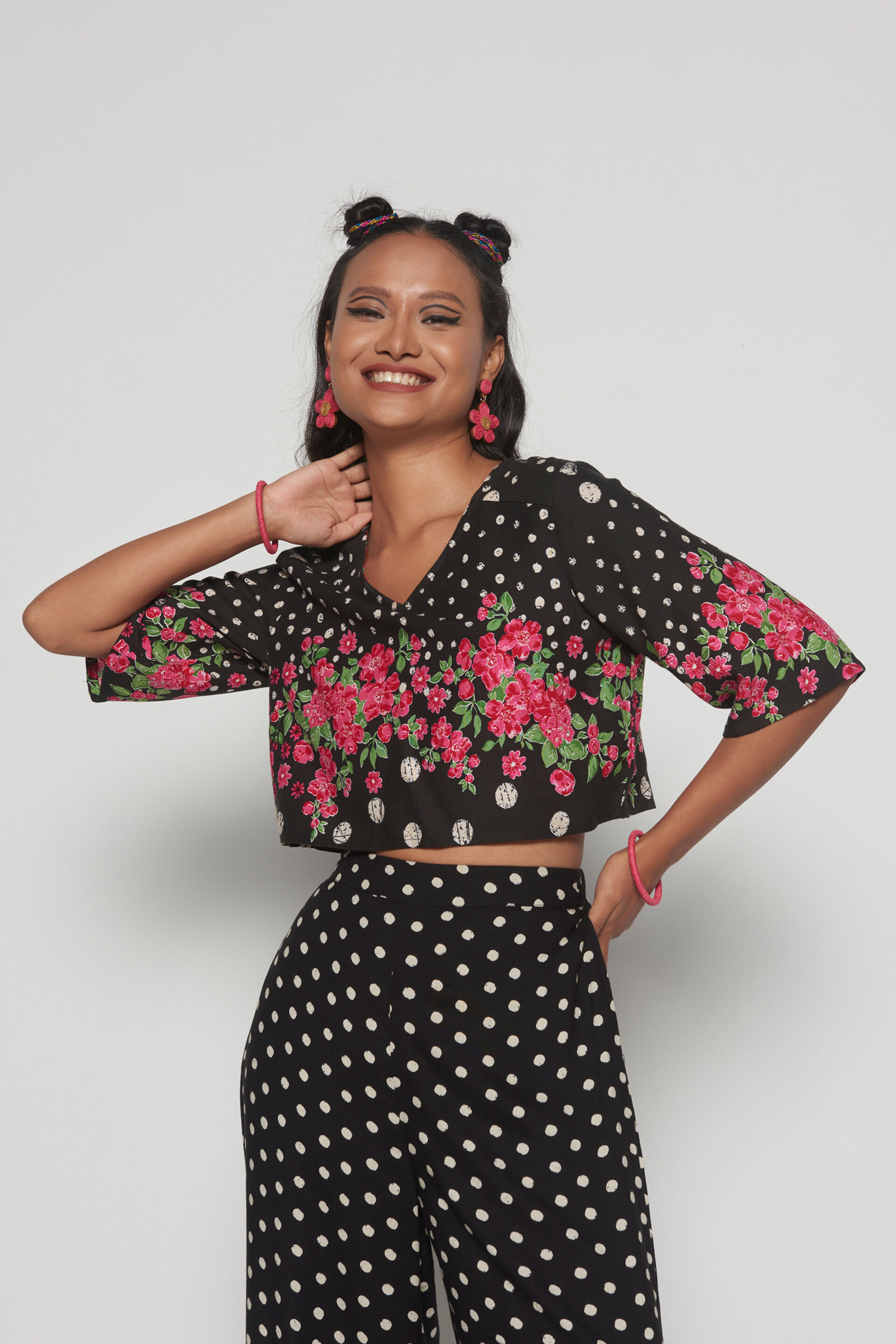 Black Floral-Polka Co-ords Set, Black, image 5
