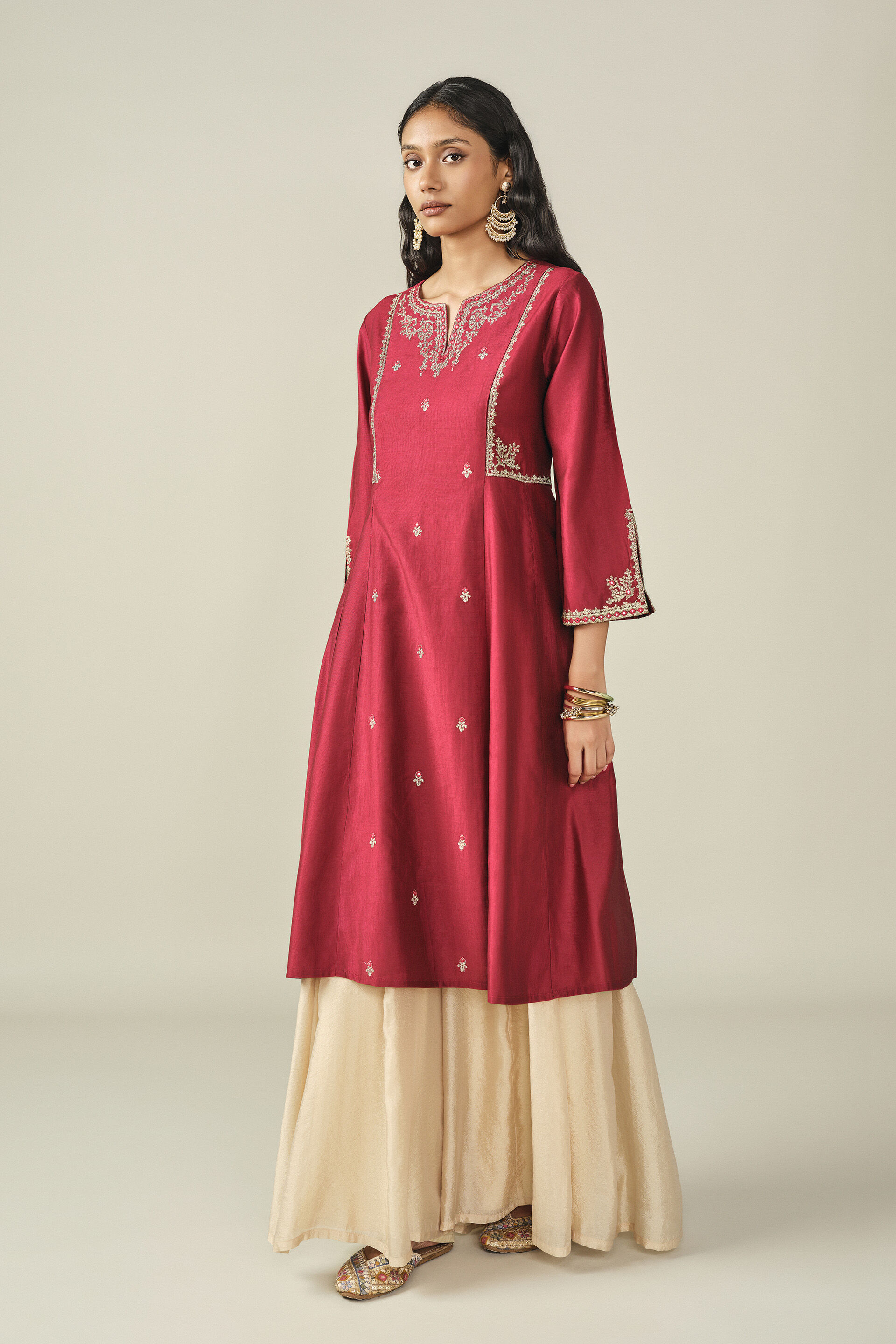 Embroidered A-line Kurta in Red, Red, image 5