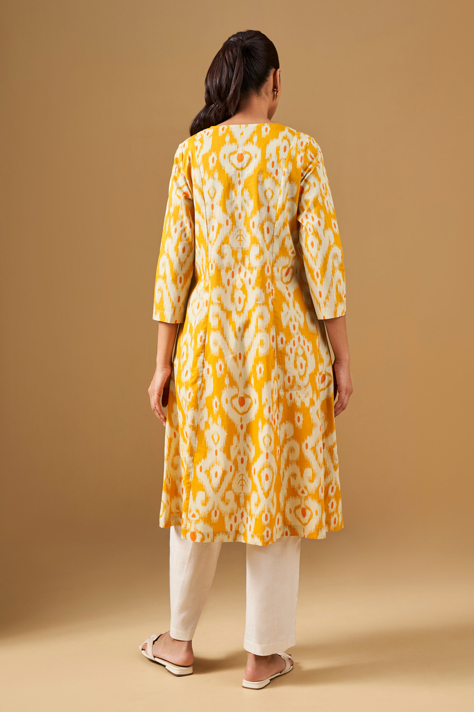 Ikat Print Cotton A-Line Yellow Kurta