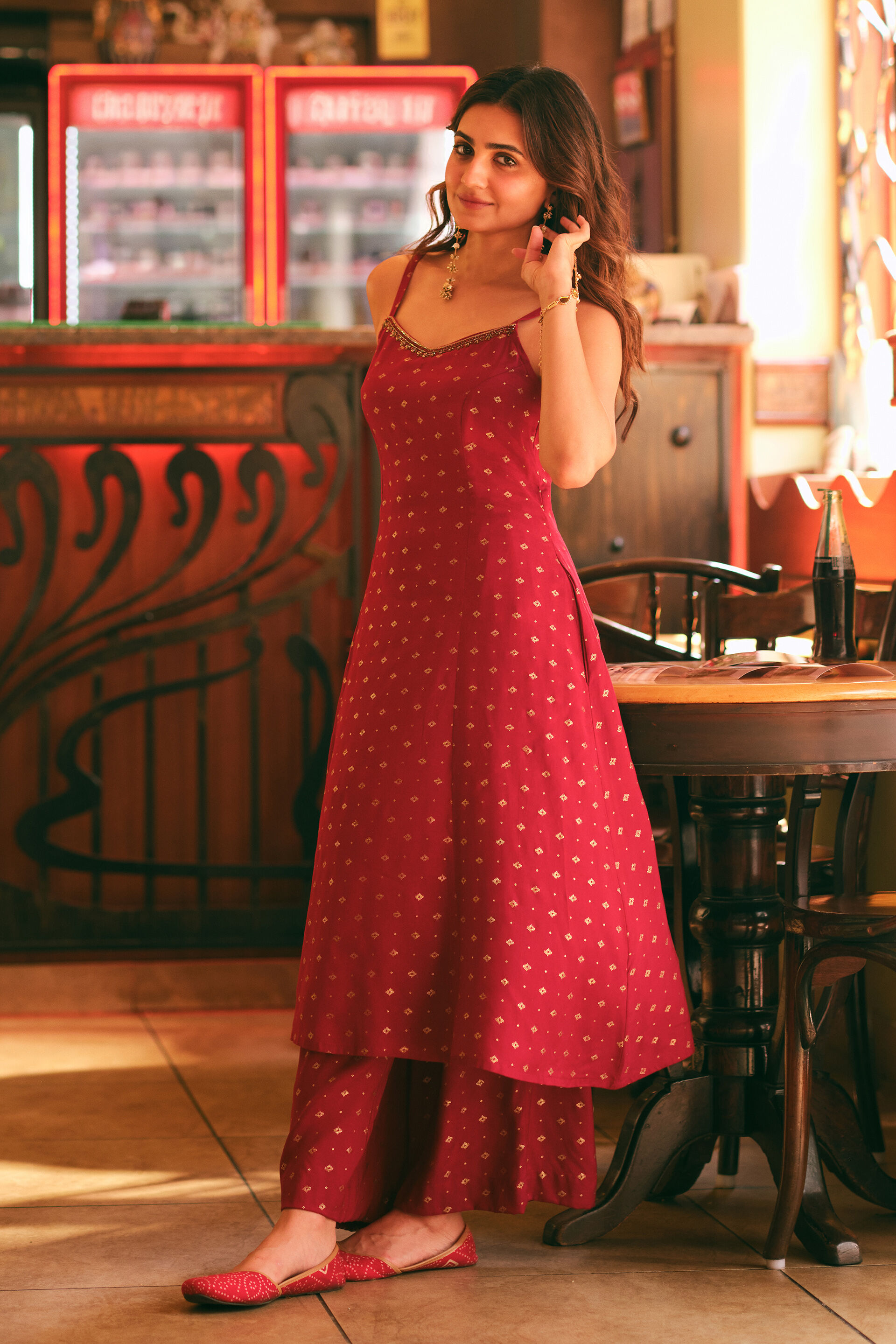 Printed Strappy Kurta Set in Red