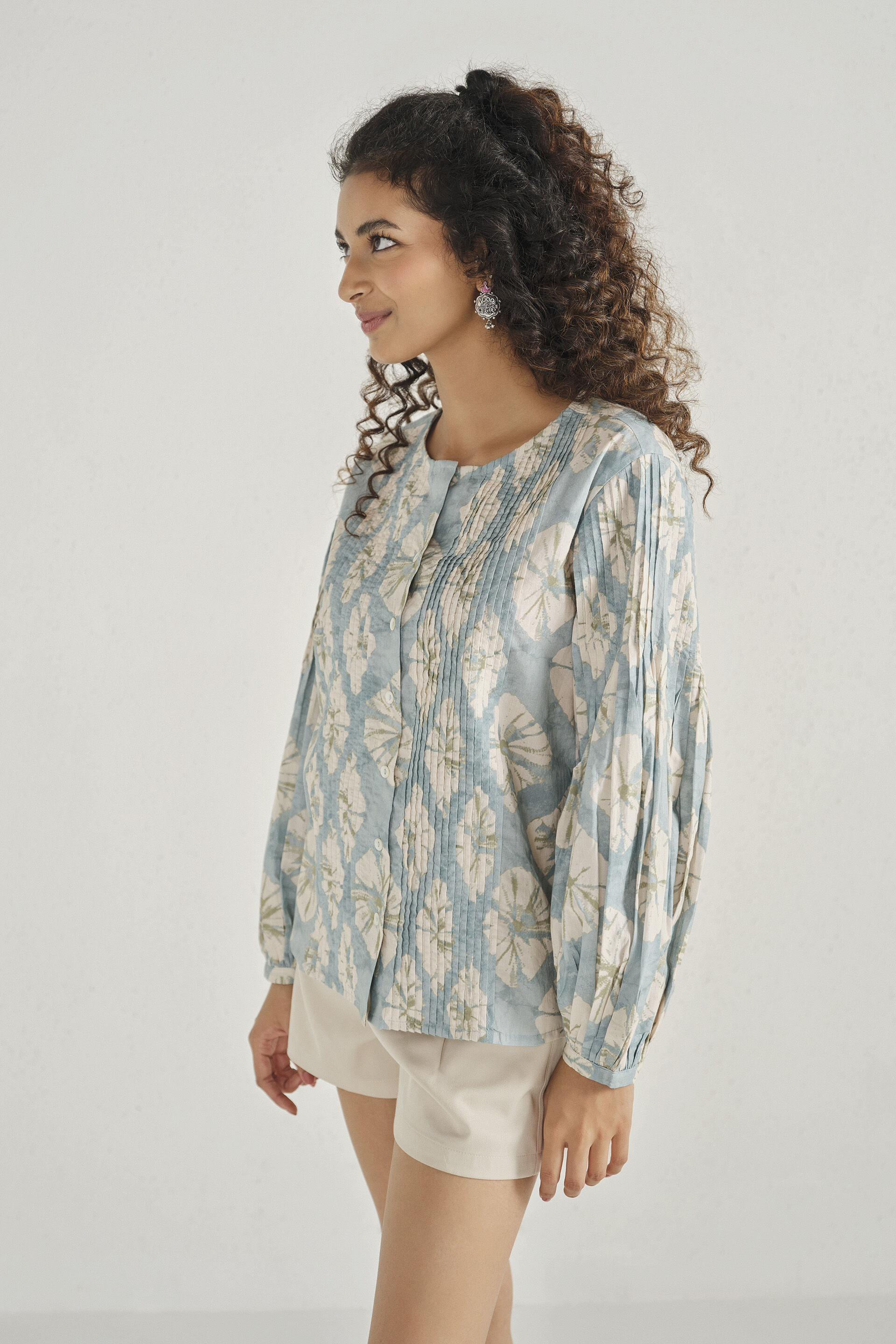 Muted Sage Pleated Cotton Top, Teal, image 4